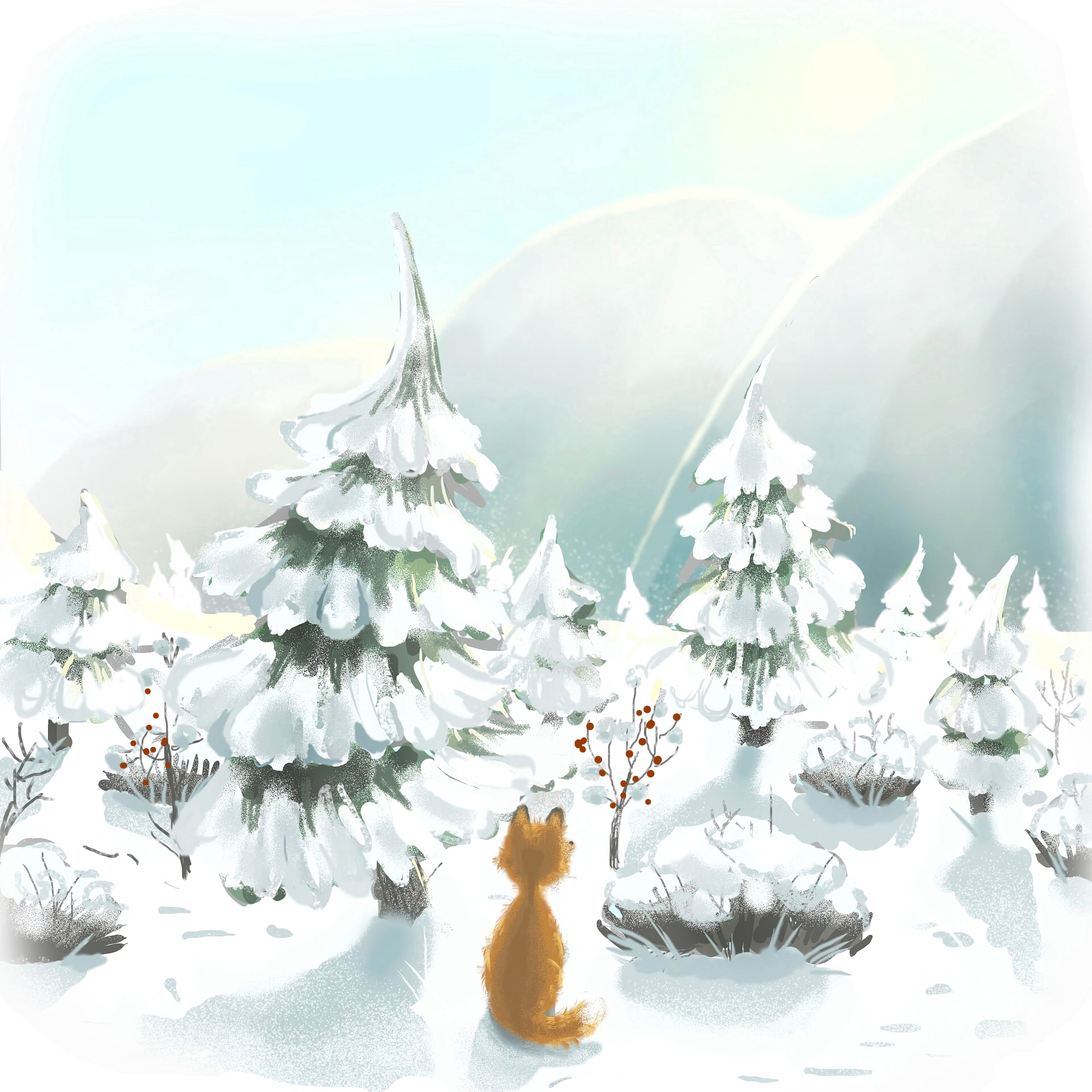 Скачать картинку Деревья, Снег, Лиса, Зима, Арт в телефон бесплатно.