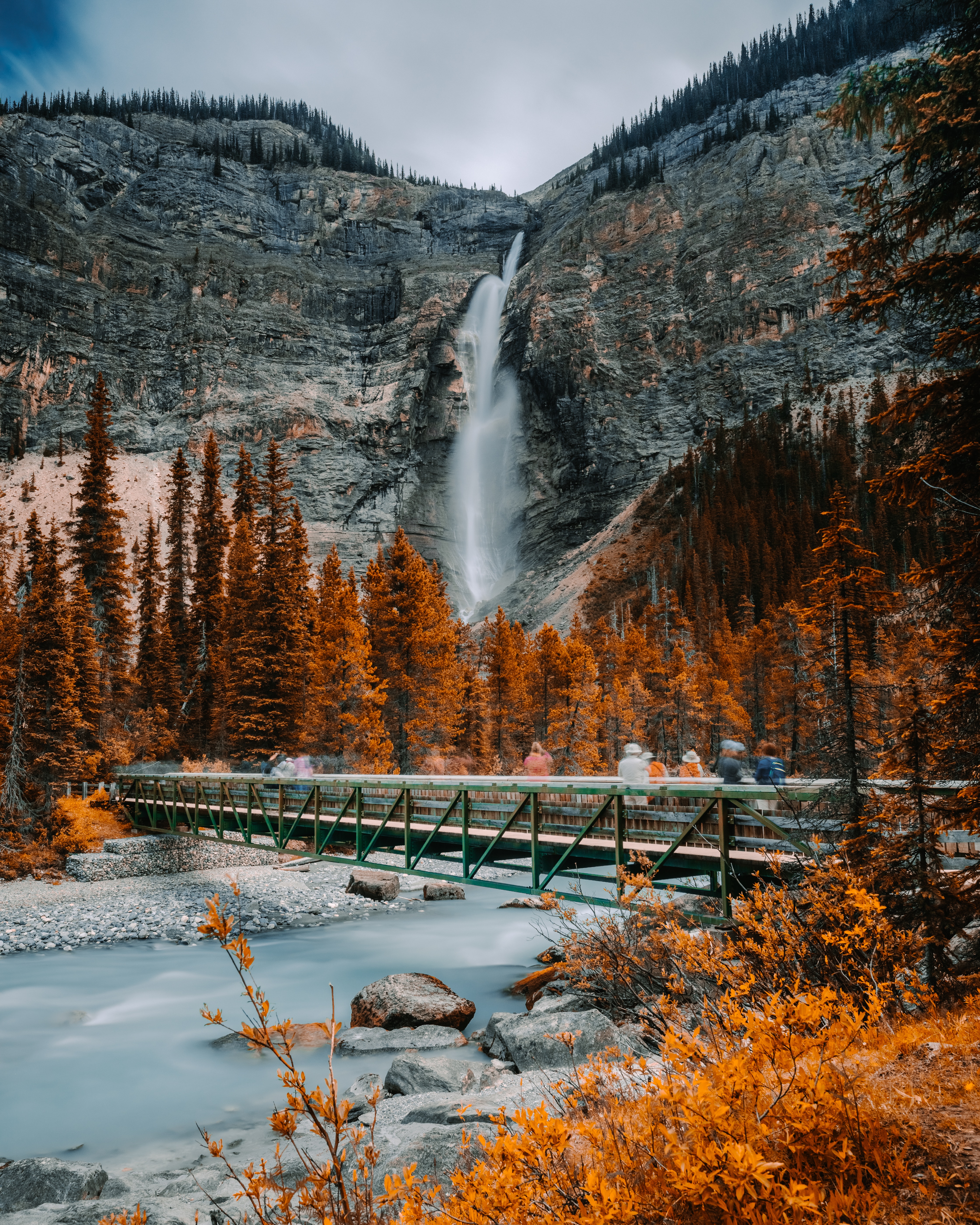 trees, rock, nature, rivers, waterfall, bridge phone background