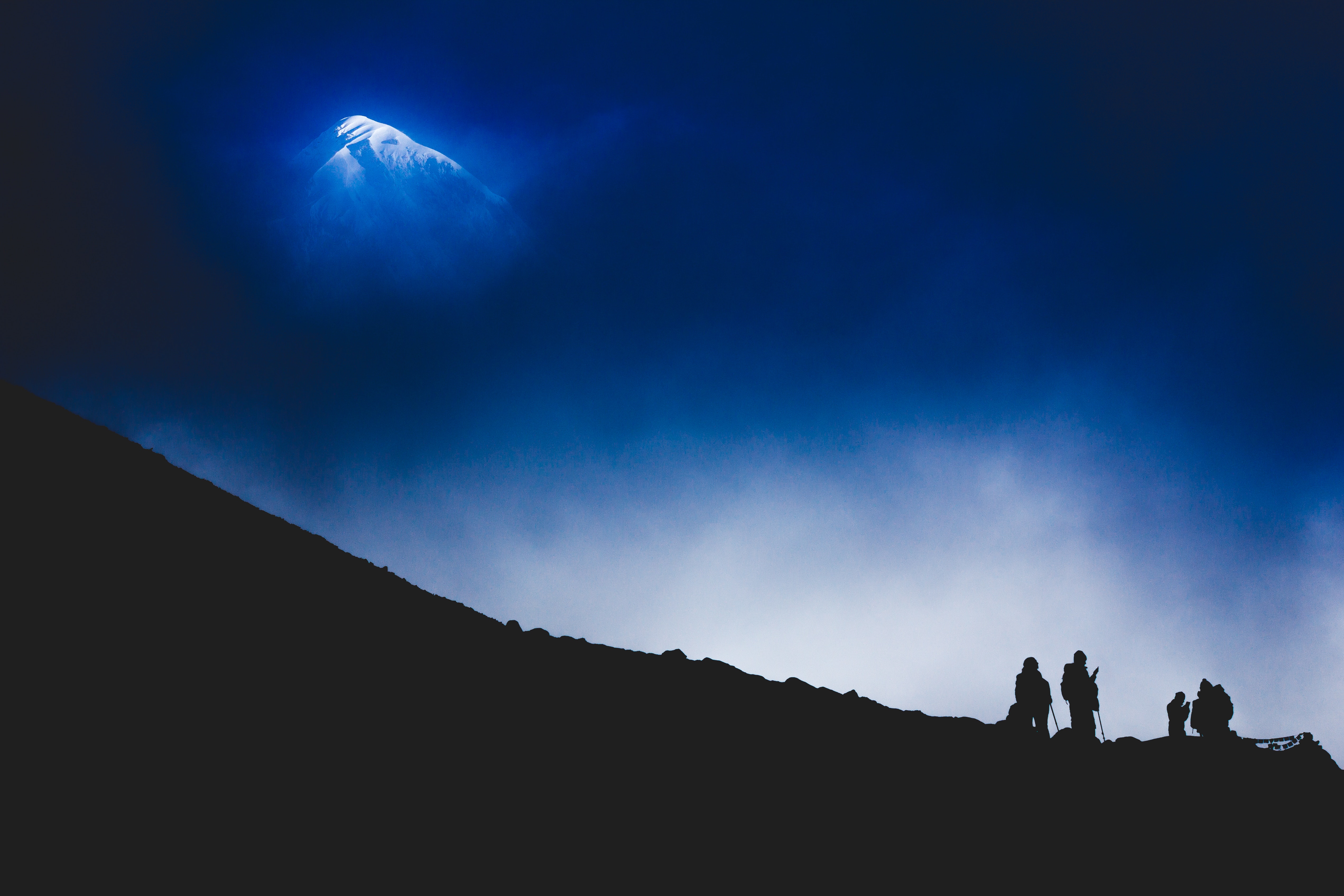 Download mobile wallpaper Tourists, Climbers, Mountain, Silhouette, Night, Dark for free.