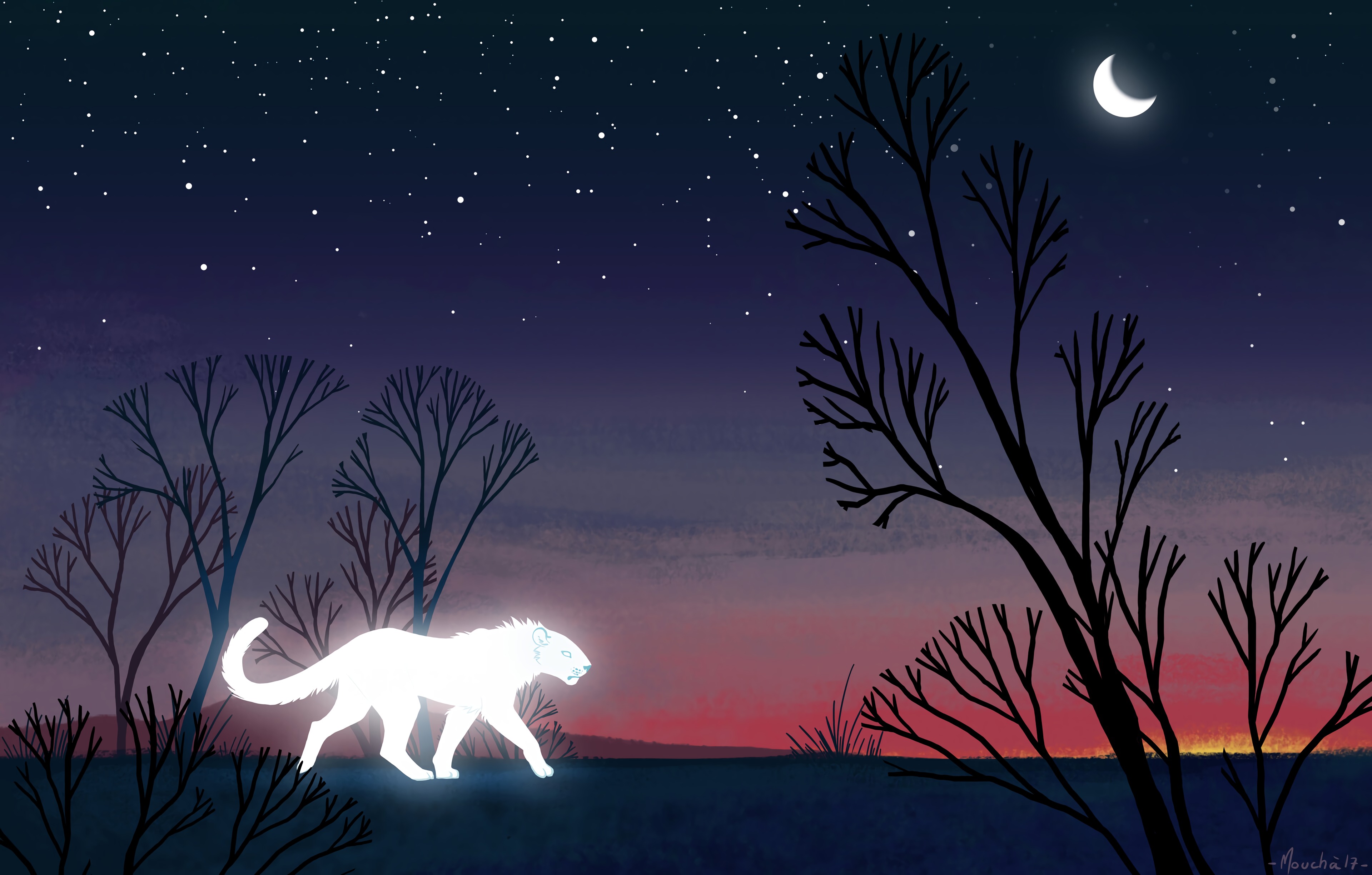 Download mobile wallpaper Predator, Trees, Glow, Night, Lioness, Art for free.