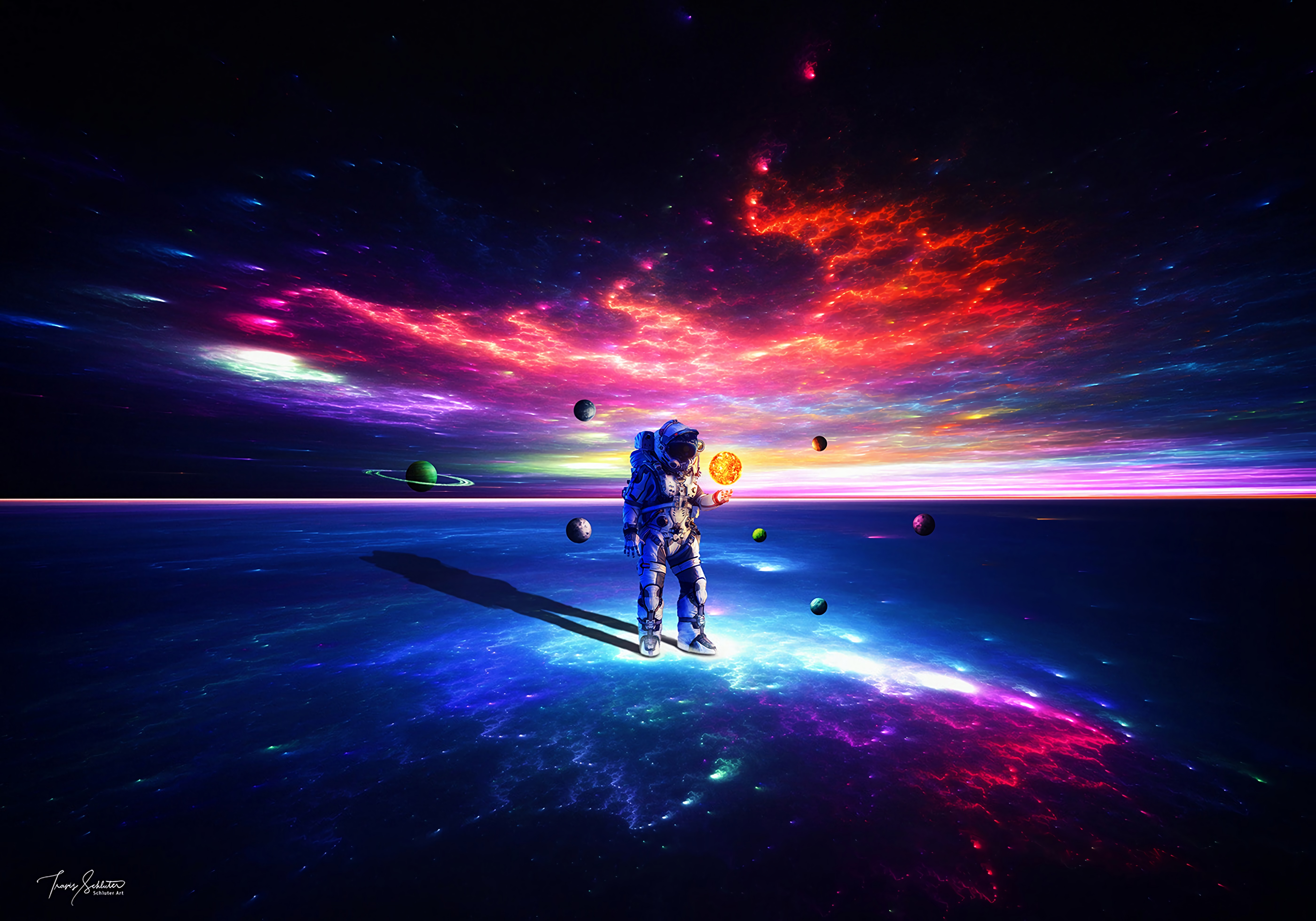 universe, astronaut, cosmonaut, planets, spacesuit, motley, multicolored, space suit HD wallpaper