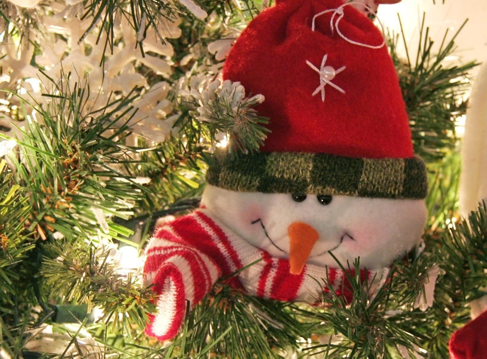Download mobile wallpaper Needles, Holiday, Holidays, New Year, Christmas Tree, Snowman, Christmas, Smile for free.