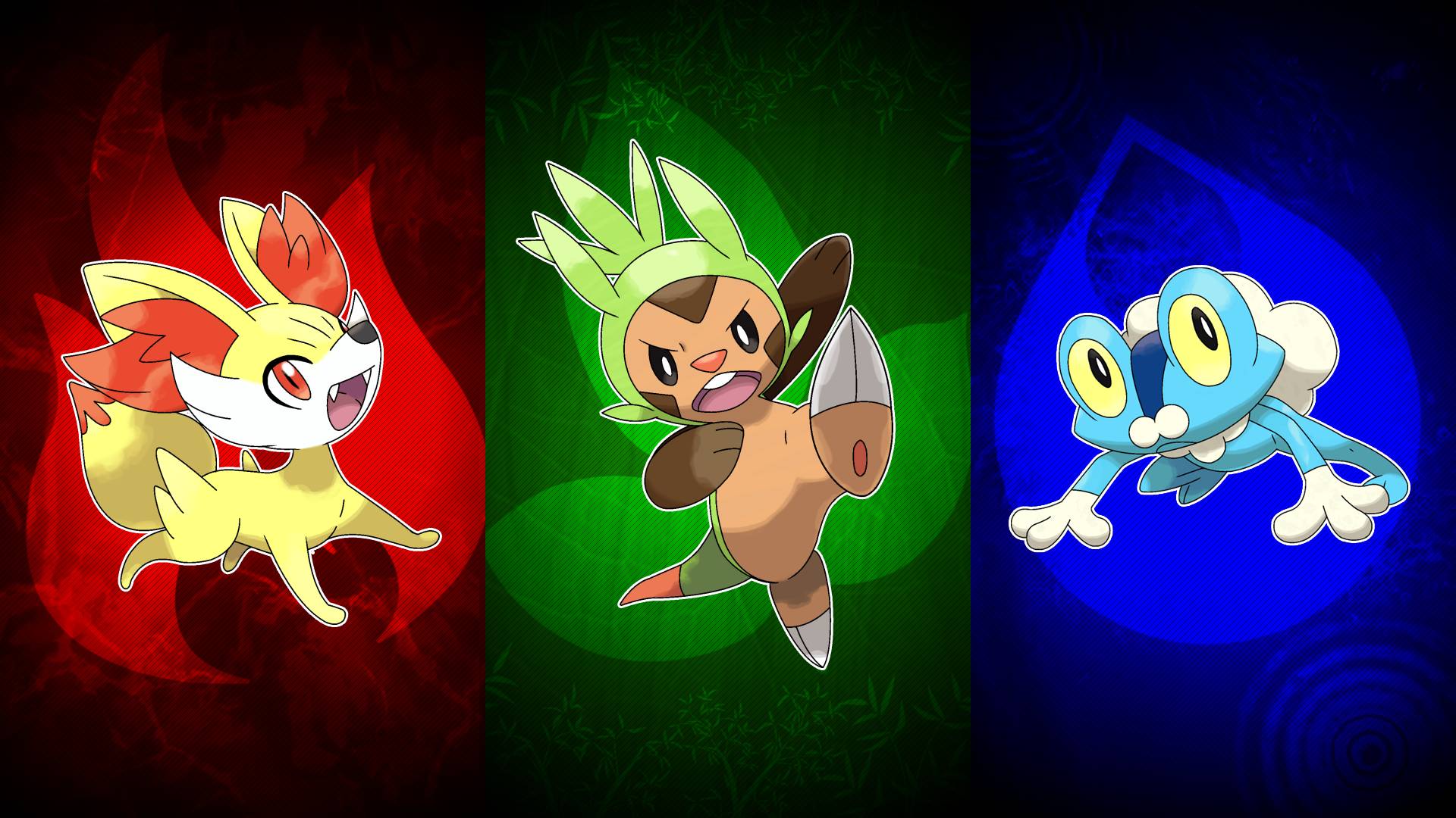 video game, pokemon: x and y, black eyes, chespin (pokémon), fennekin (pokémon), froakie (pokémon), pokémon, red eyes, yellow eyes