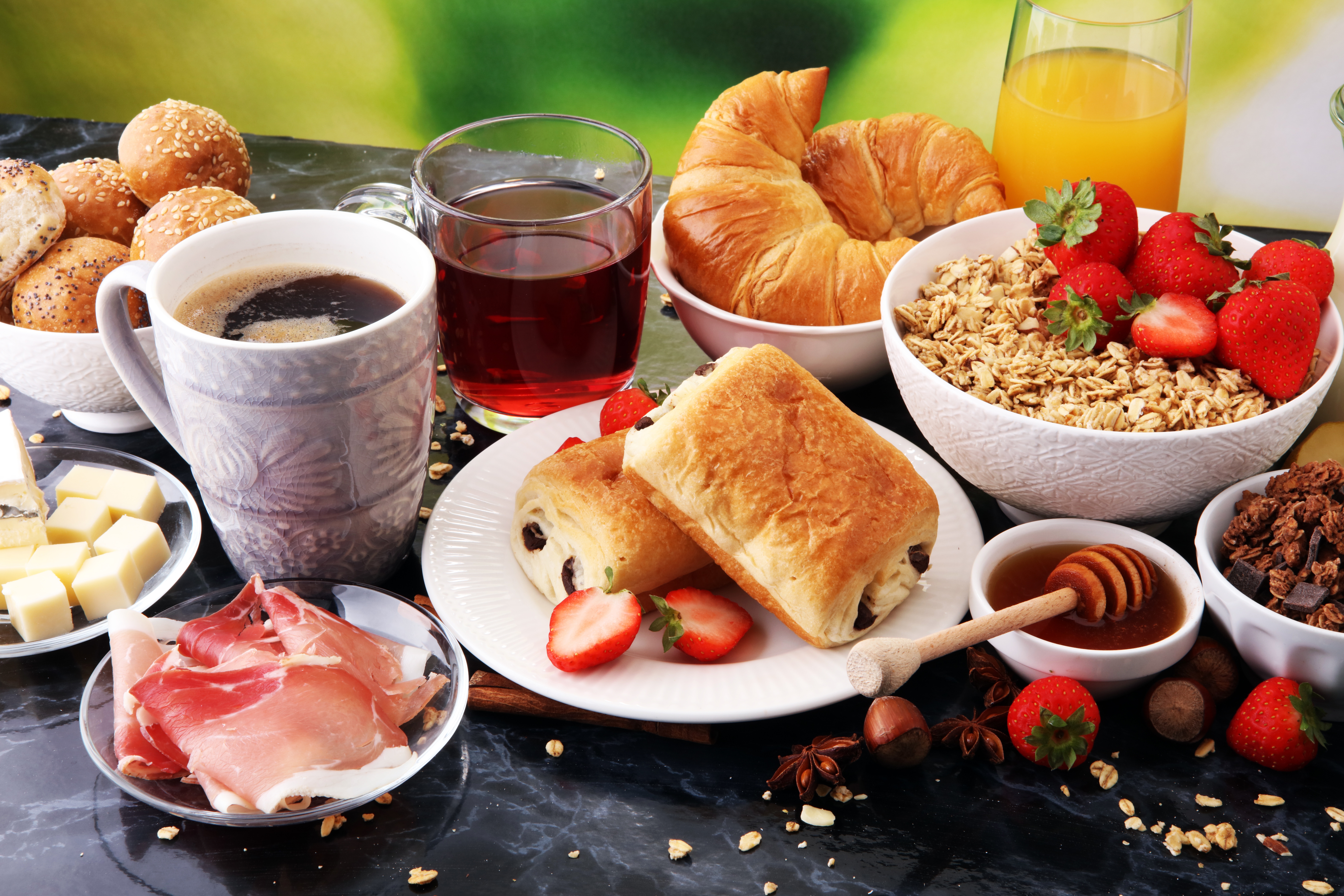 Download mobile wallpaper Food, Strawberry, Coffee, Still Life, Cup, Honey, Breakfast, Croissant, Juice, Viennoiserie for free.