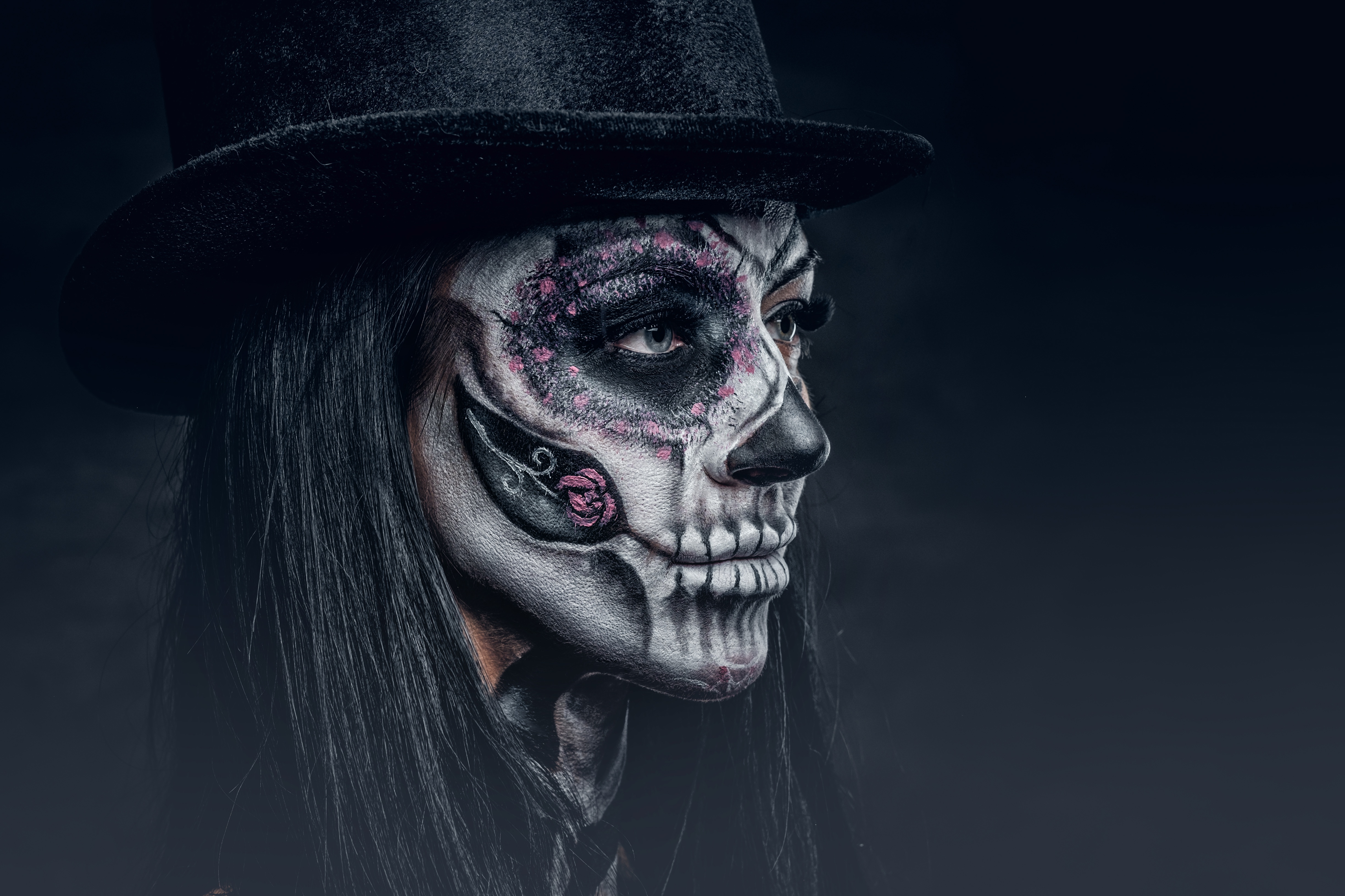 sugar skull, artistic, black hair, face, makeup High Definition image
