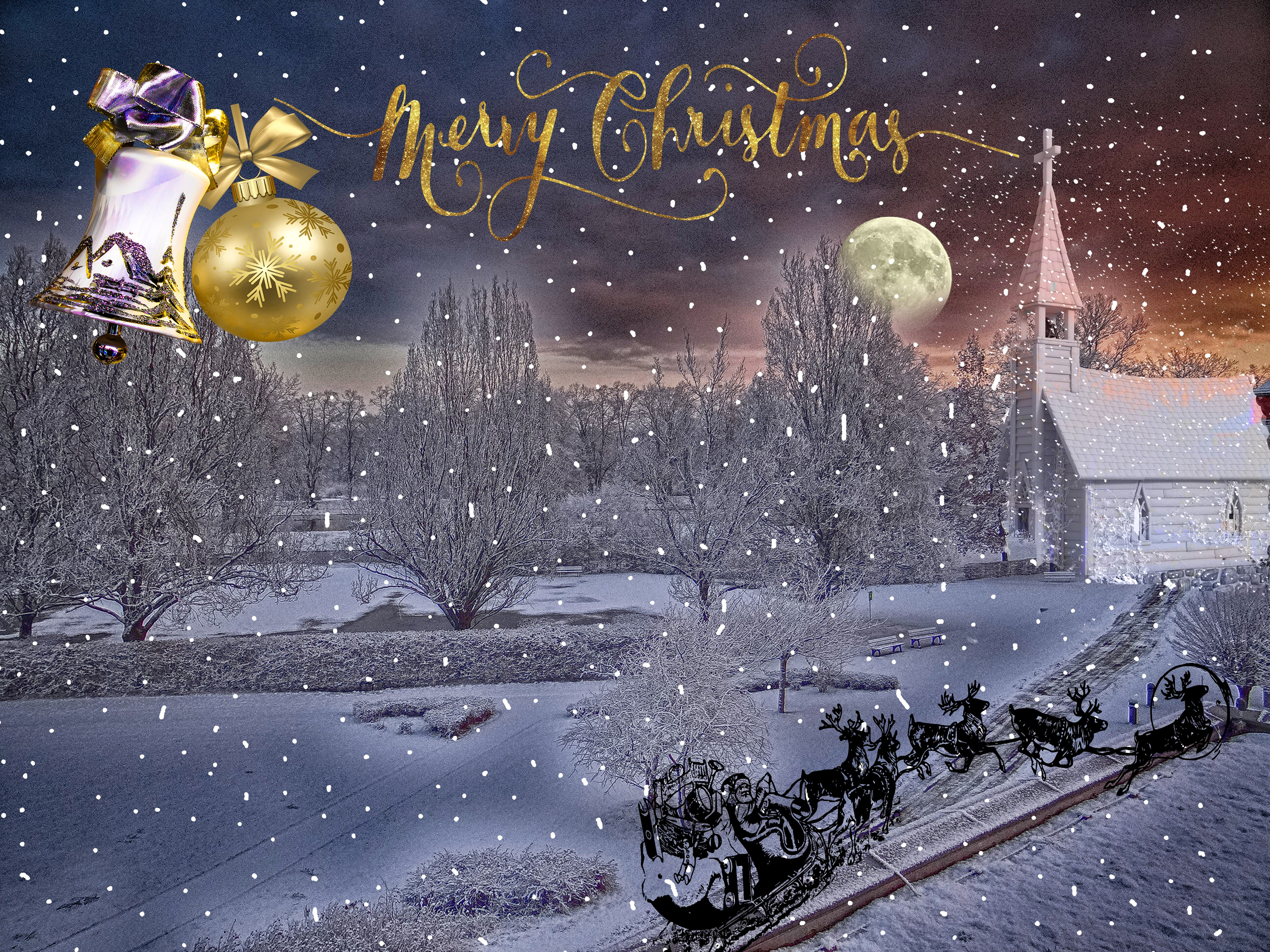 moon, merry christmas, holiday, christmas, bauble, bell, church, reindeer, sled, snow, winter 2160p