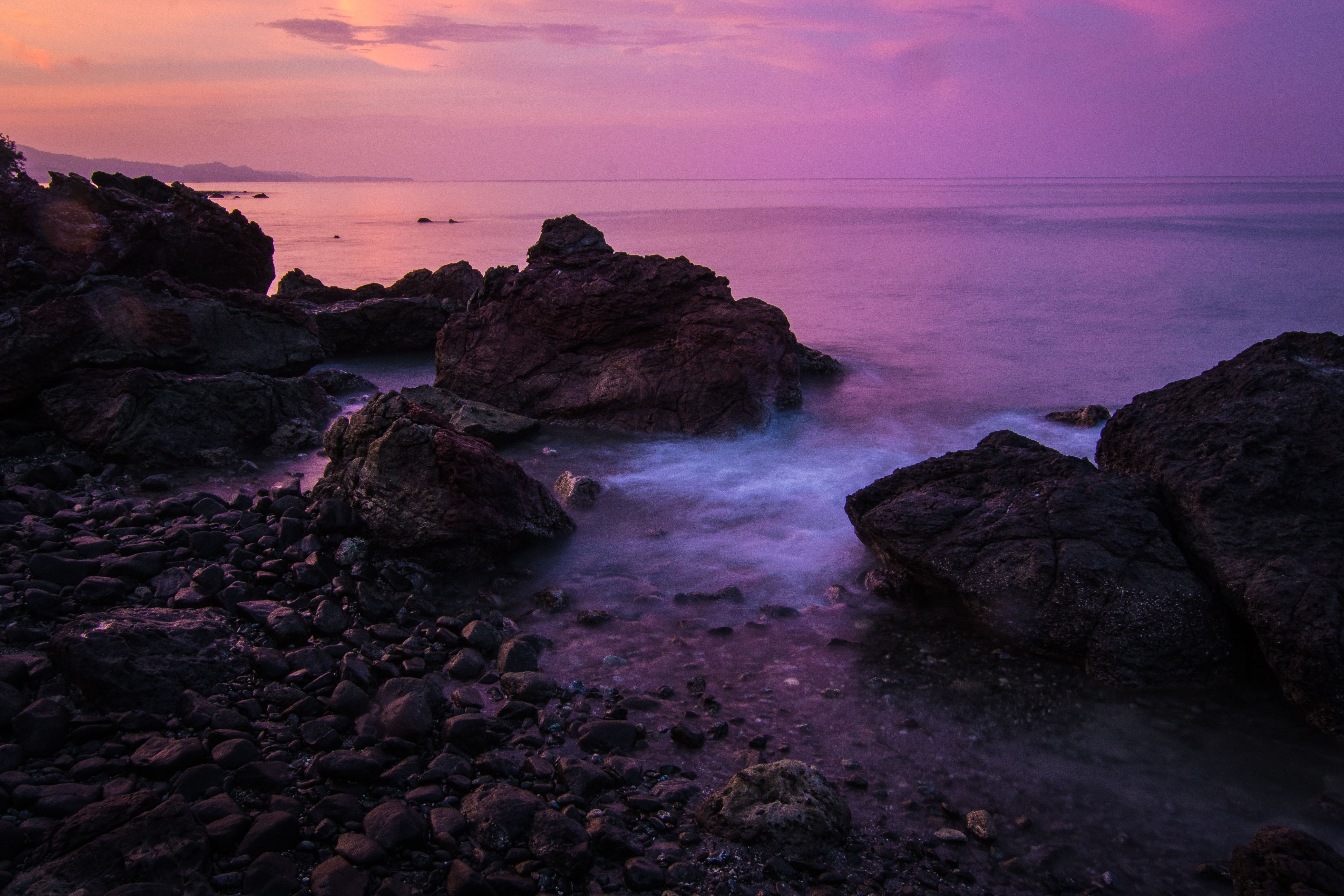 Download mobile wallpaper Sky, Rocks, Coast, Nature, Sunset, Sea for free.