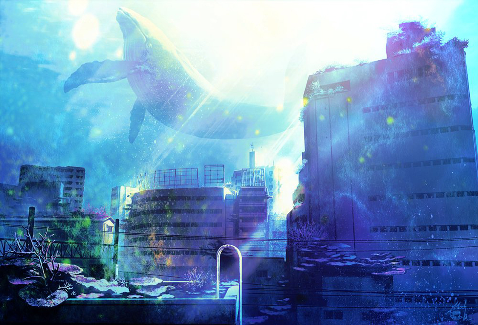 Free download wallpaper Water, Fantasy, City, Building, Sunlight, Whale, Underwater, Fantasy Animals on your PC desktop