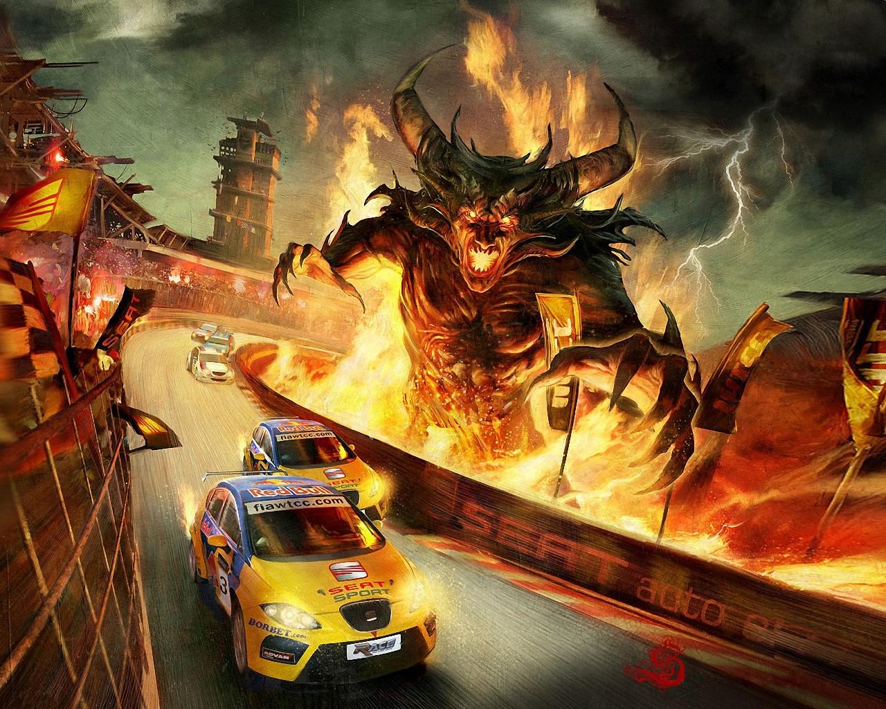race car, vehicles, dark, demon, fantasy, fire, flame, seat leon