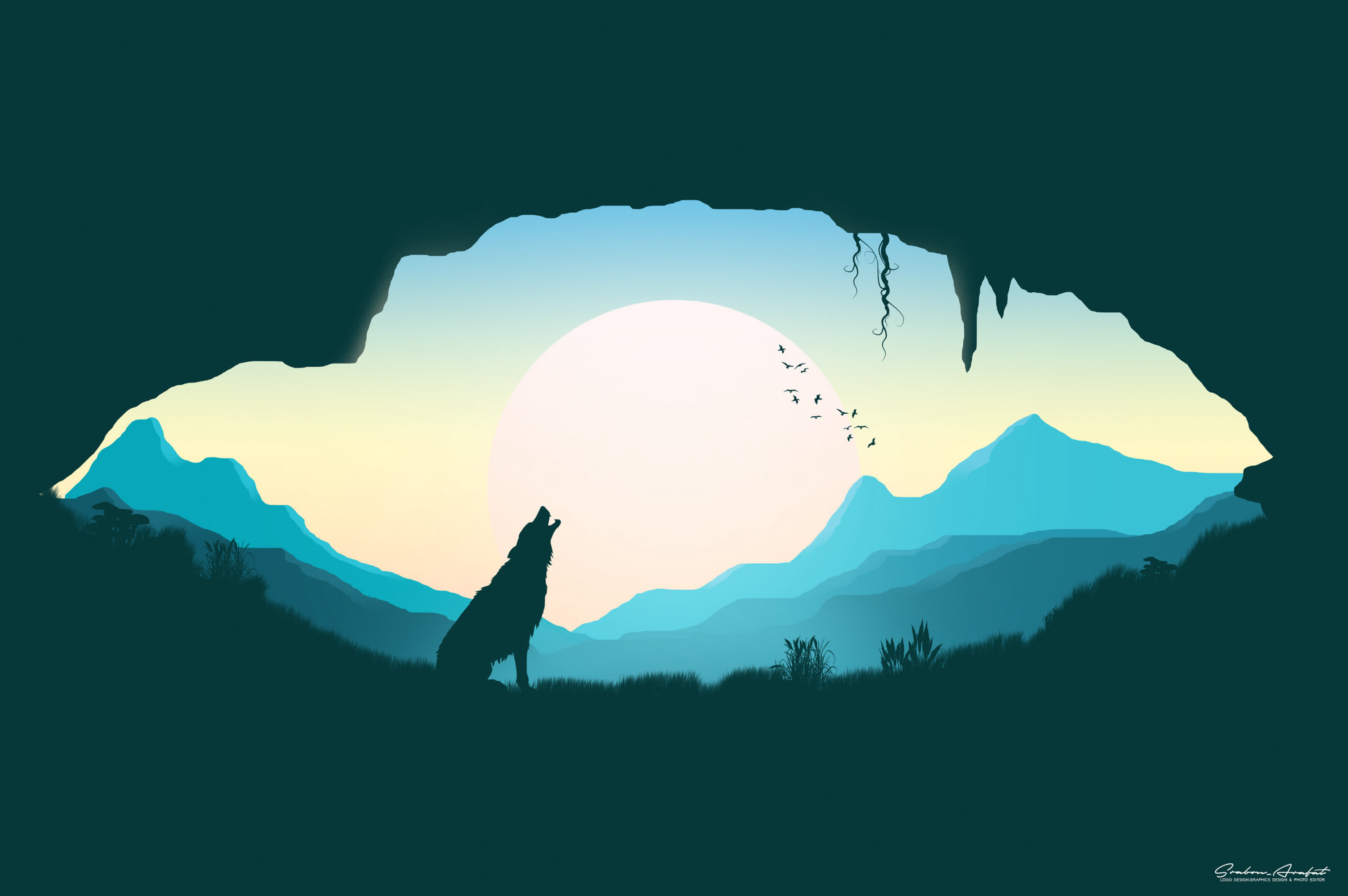 Download mobile wallpaper Cave, Silhouette, Art, Vector, Wolf for free.