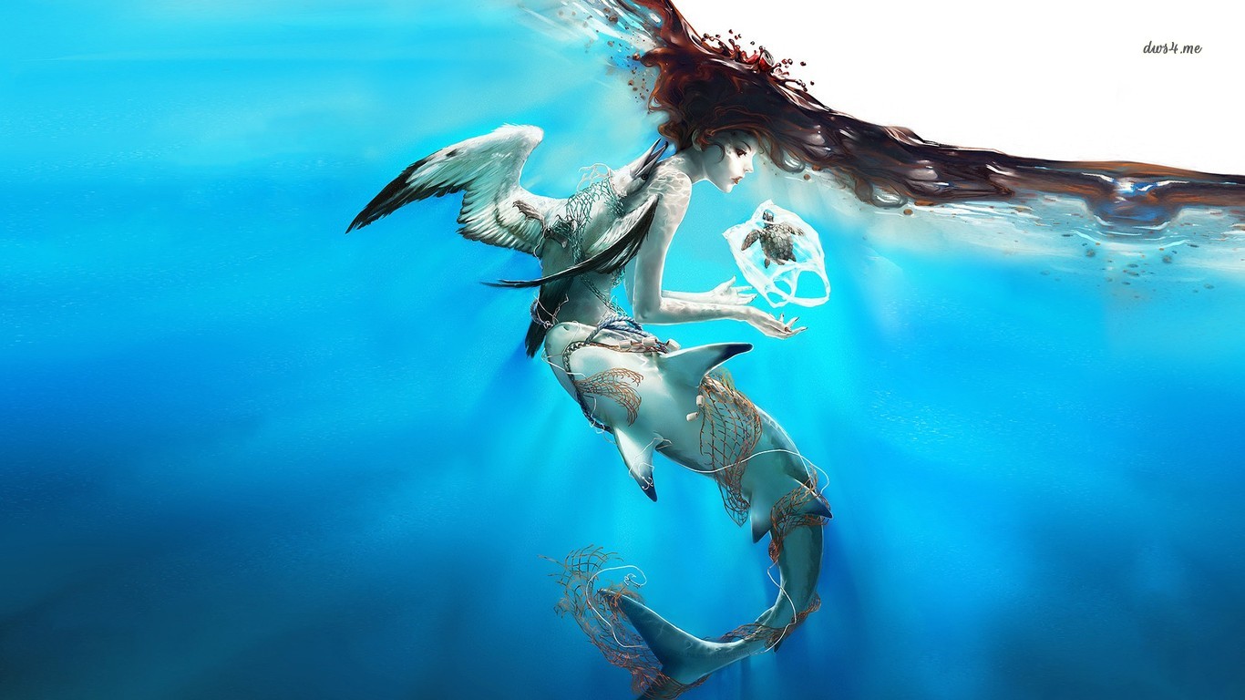 Download mobile wallpaper Fantasy, Seagull, Underwater, Sea Turtle, Shark, Mermaid for free.