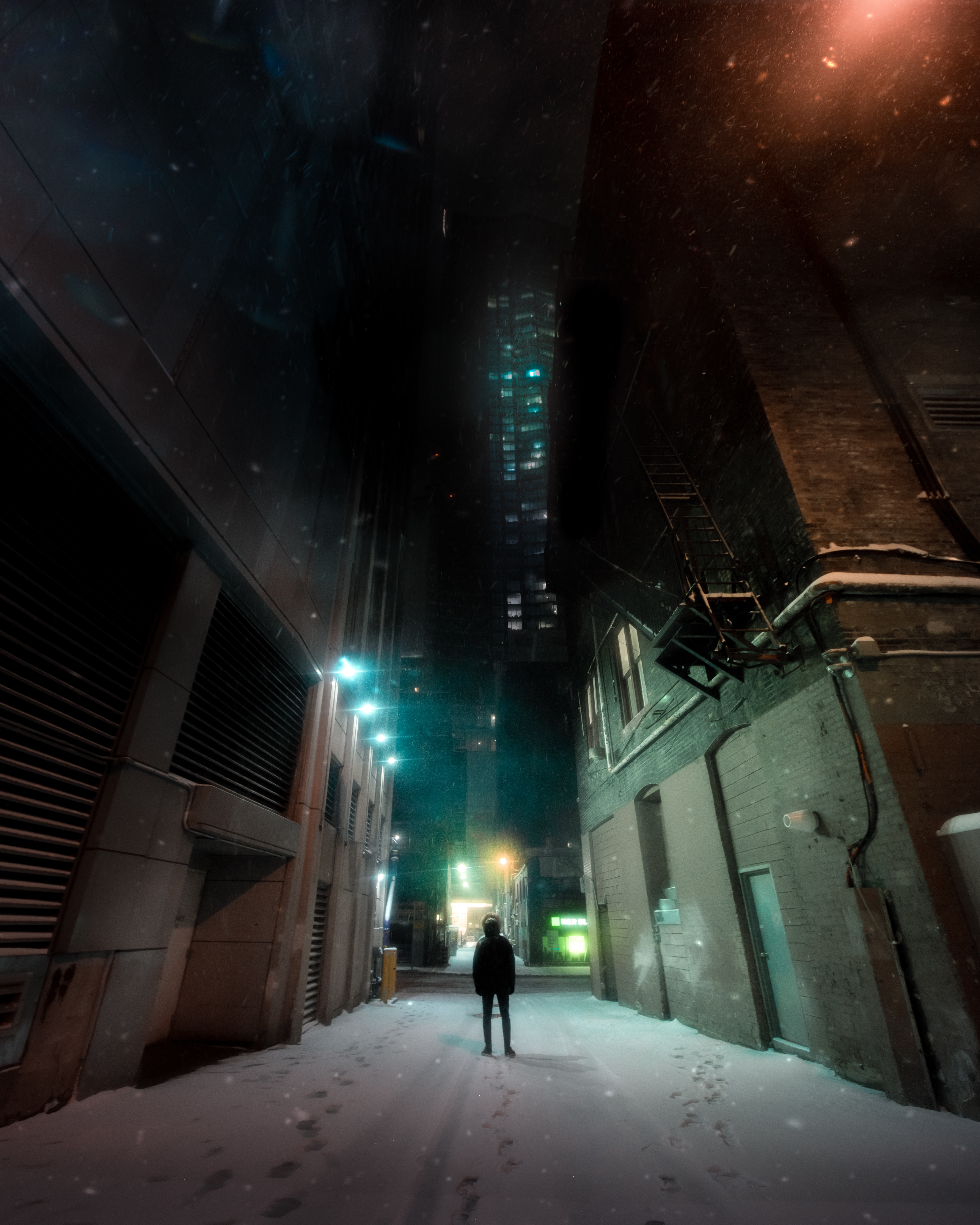 Download mobile wallpaper Building, Person, Night City, Human, Loneliness, Dark, Snow for free.