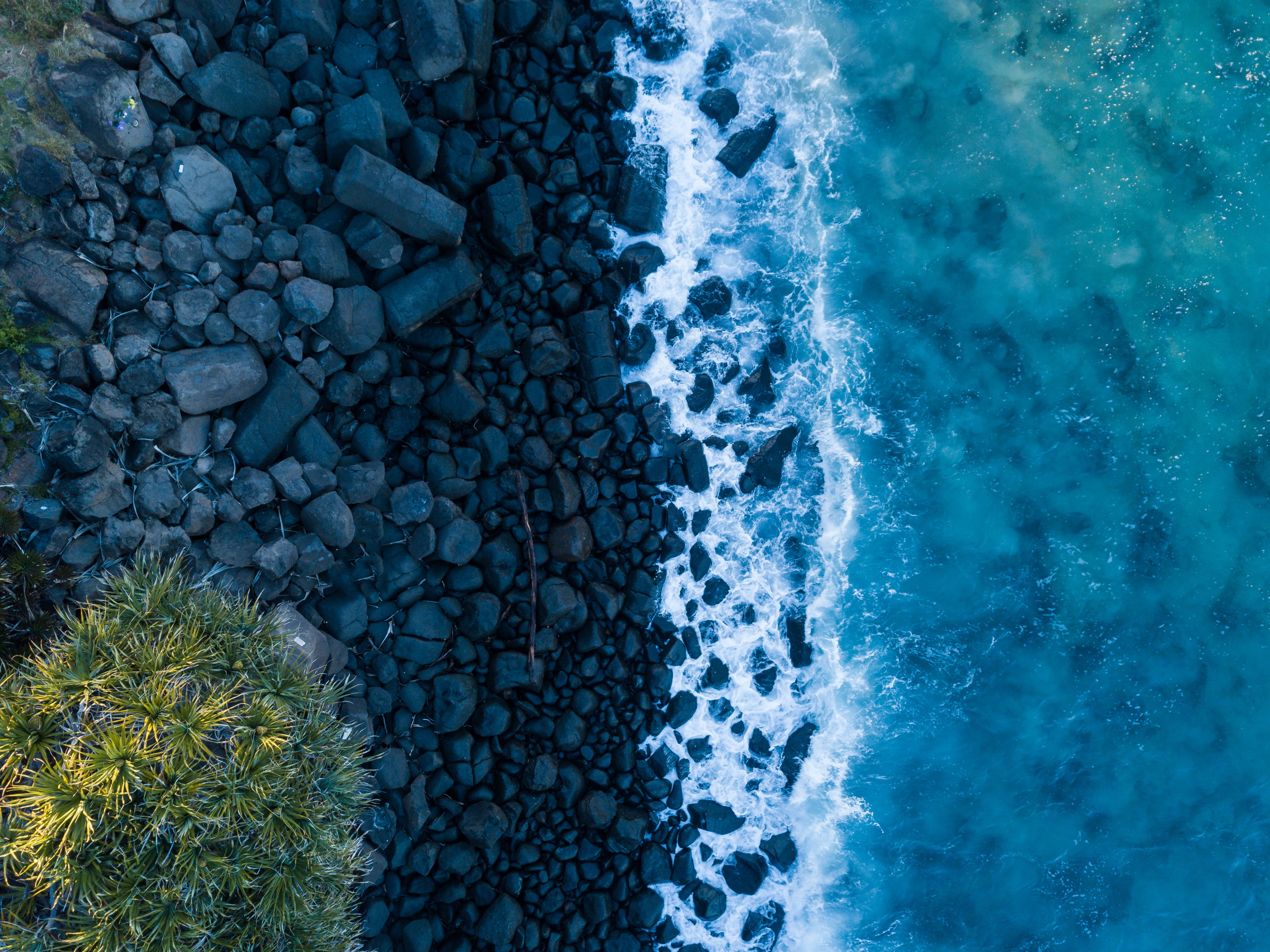 view from above, ocean, nature, stones, shore, bank, surf HD wallpaper