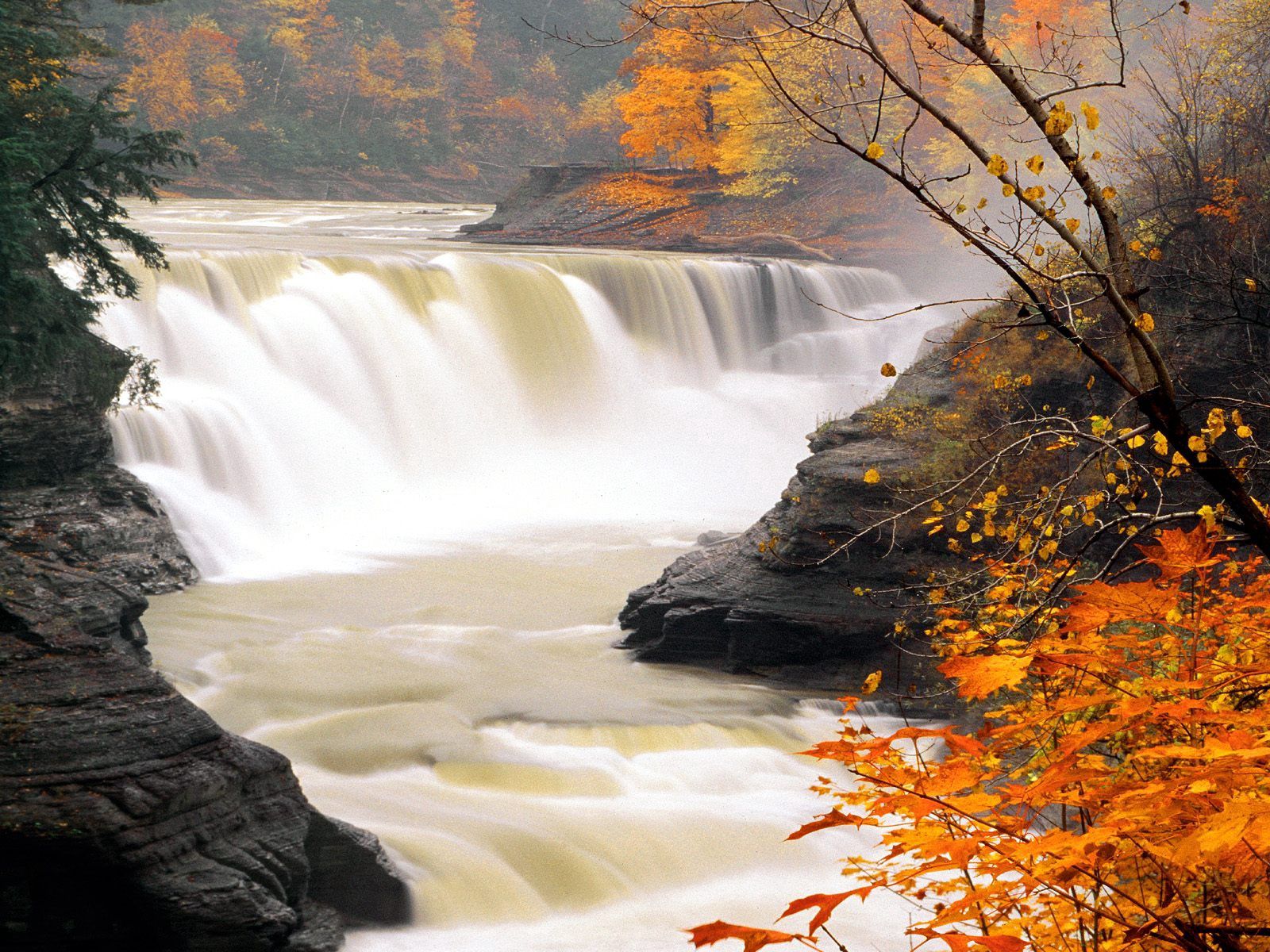 Free download wallpaper Autumn, Flow, Nature, Waterfall, Leaves on your PC desktop