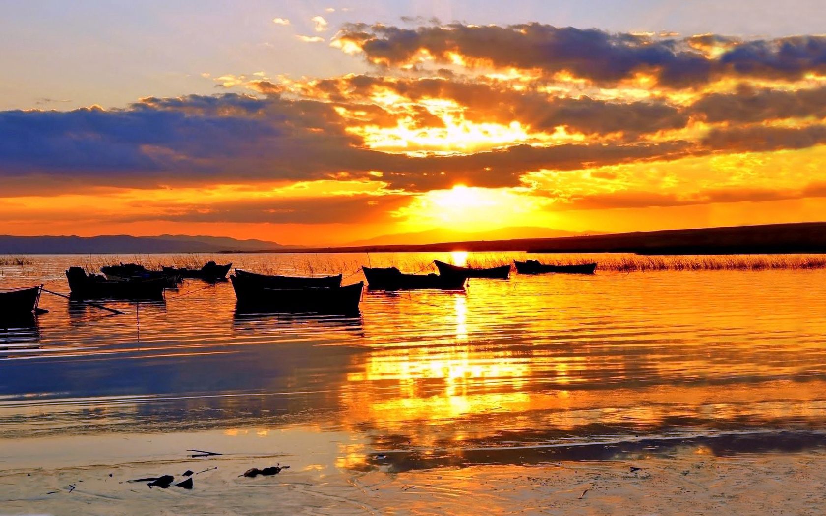 Download mobile wallpaper Lake, Nature, Horizon, Sunset, Sun, Boats for free.