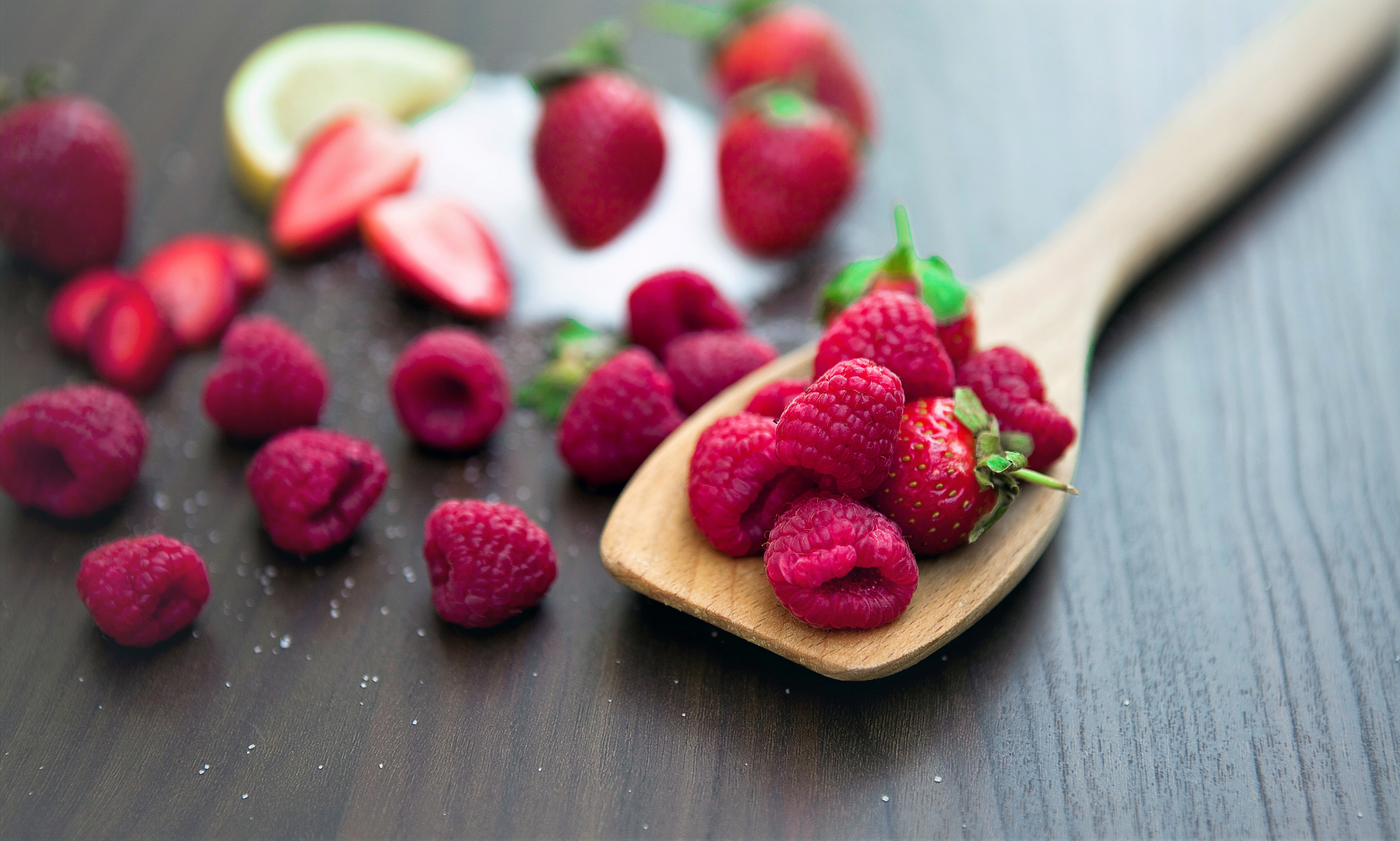 Download mobile wallpaper Spoon, Food, Ripe, Berries, Raspberry for free.