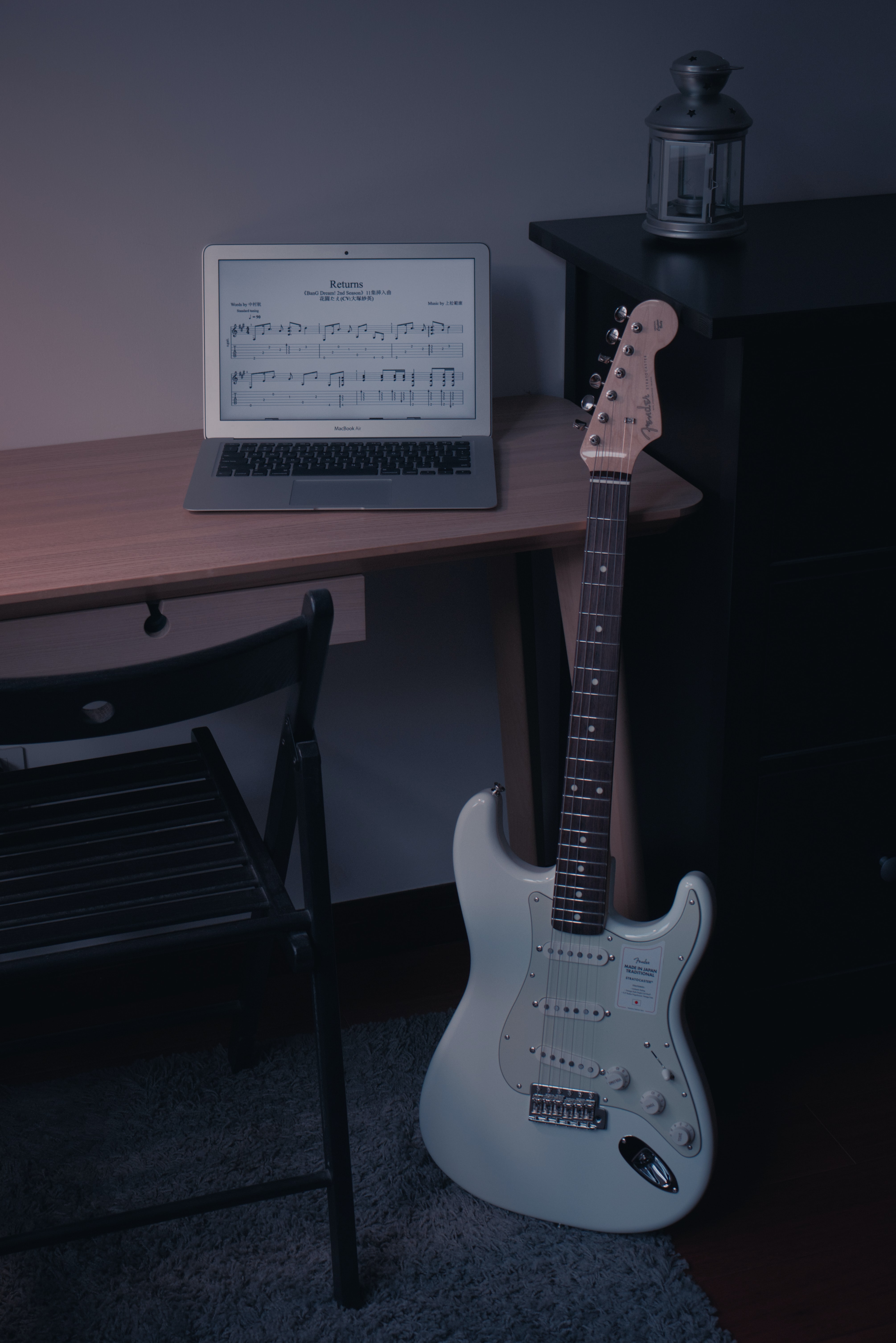 laptop, music, guitar, electric guitar, notebook, musical instrument
