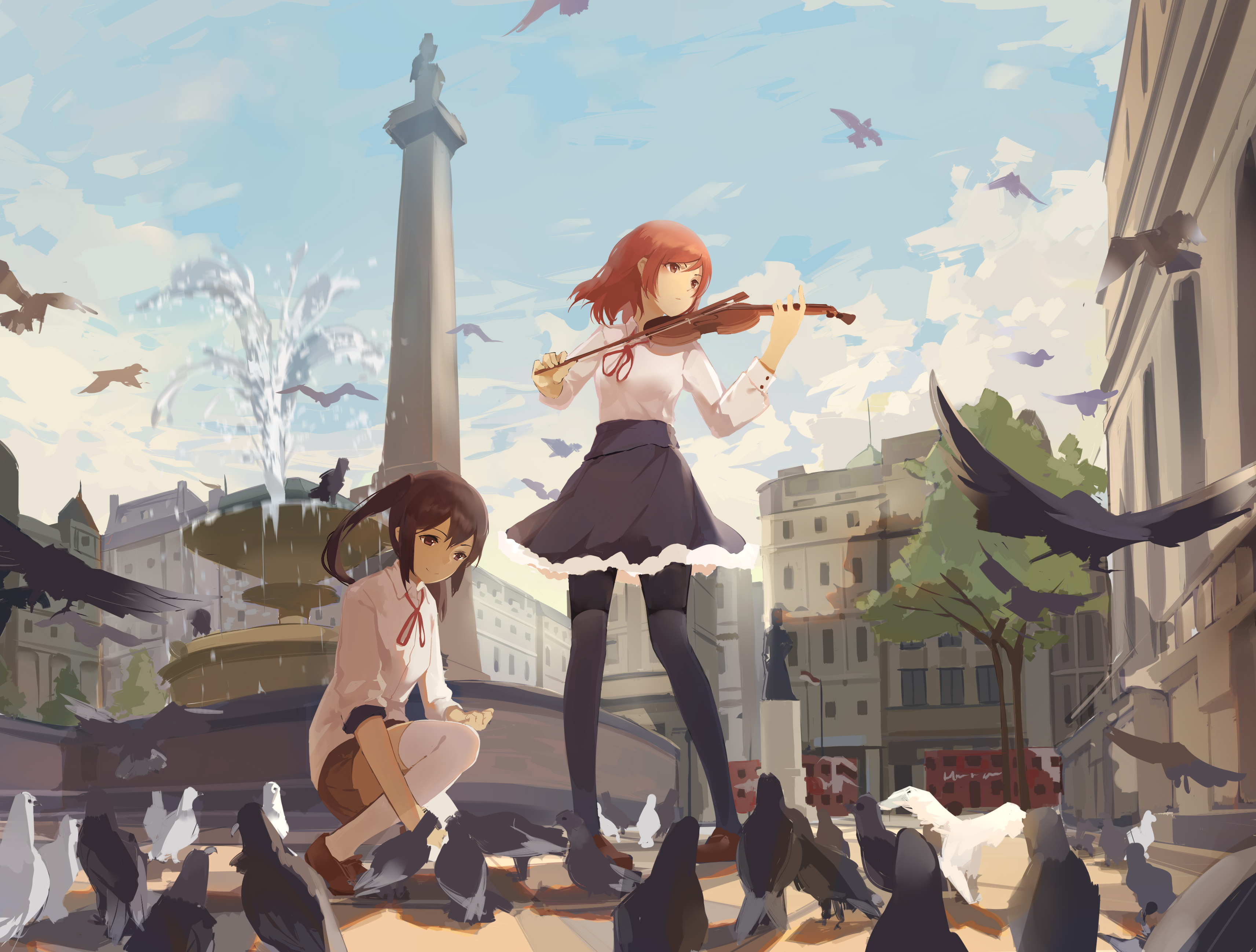 Windows Backgrounds anime, love live!, fountain, maki nishikino, nico yazawa, pigeon, violinist