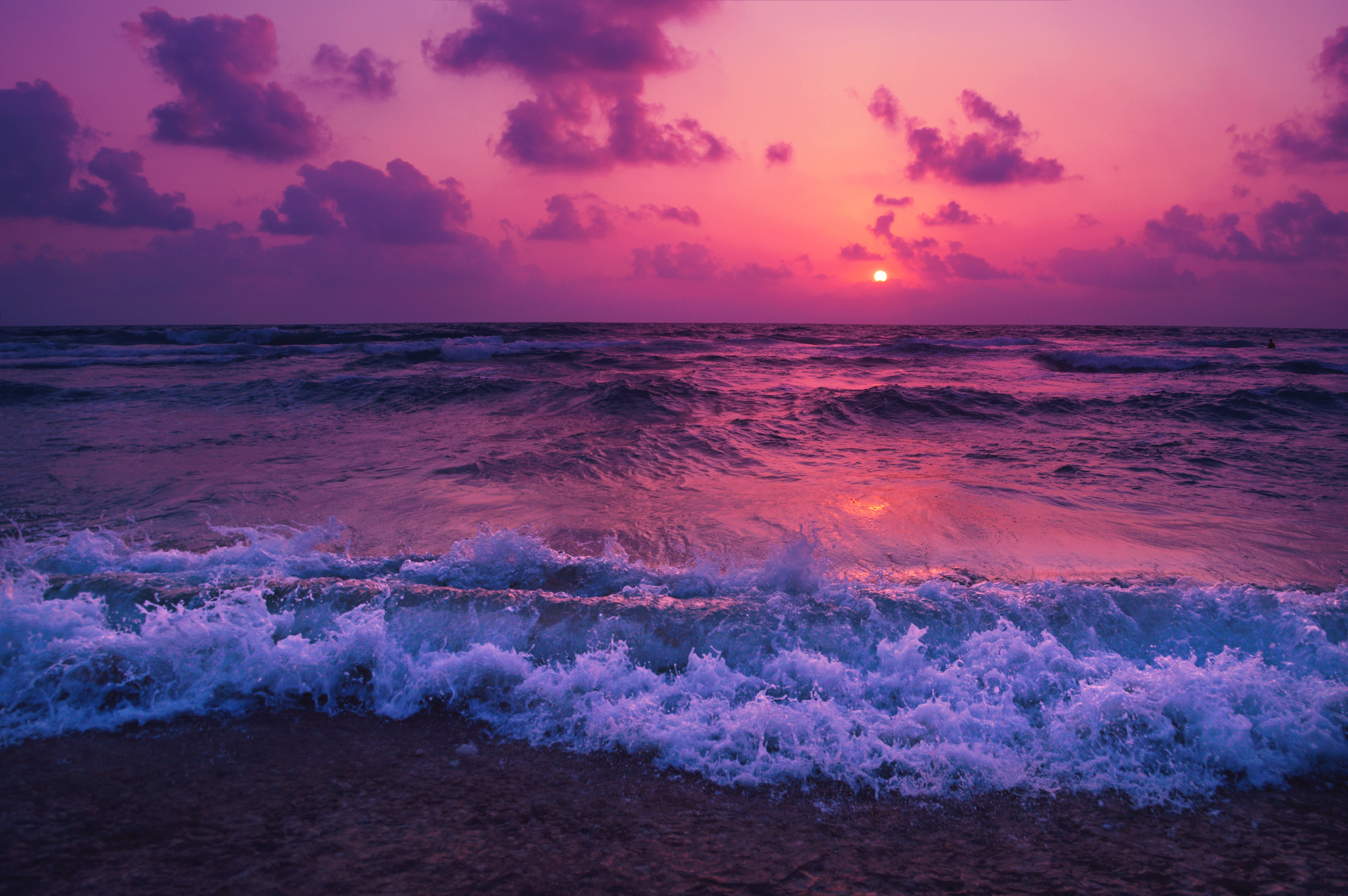 sea, sunset, surf, nature, clouds, horizon, foam UHD