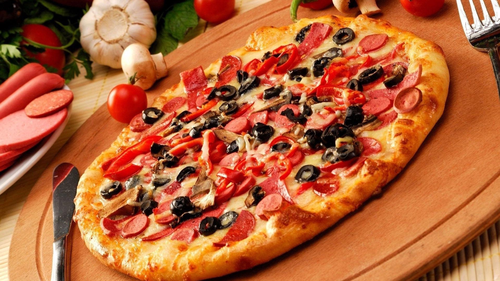 pizza, bakery products, food, baking, fork, knife QHD