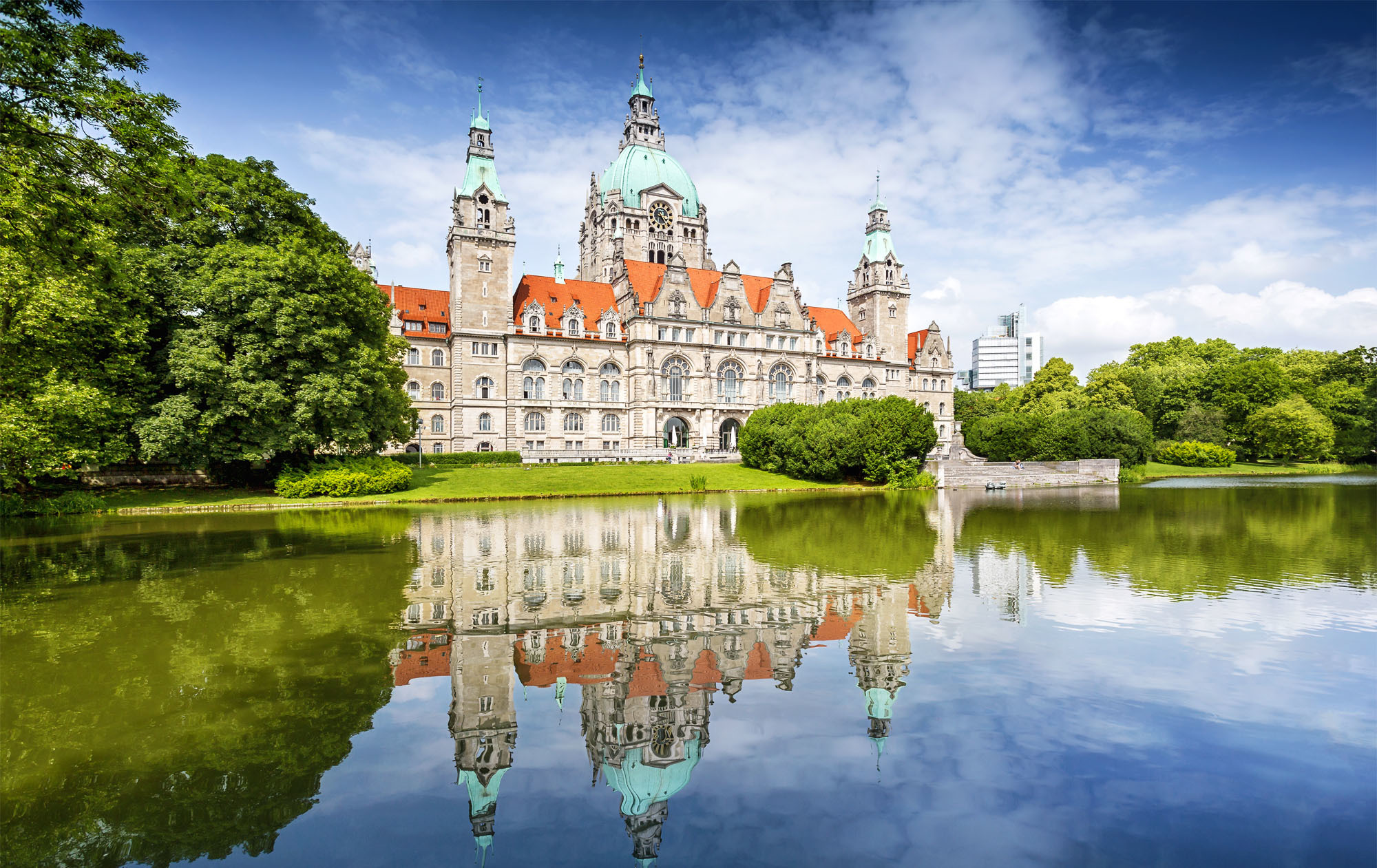 wallpapers architecture, man made, new town hall, building, germany, hanover, reflection, water