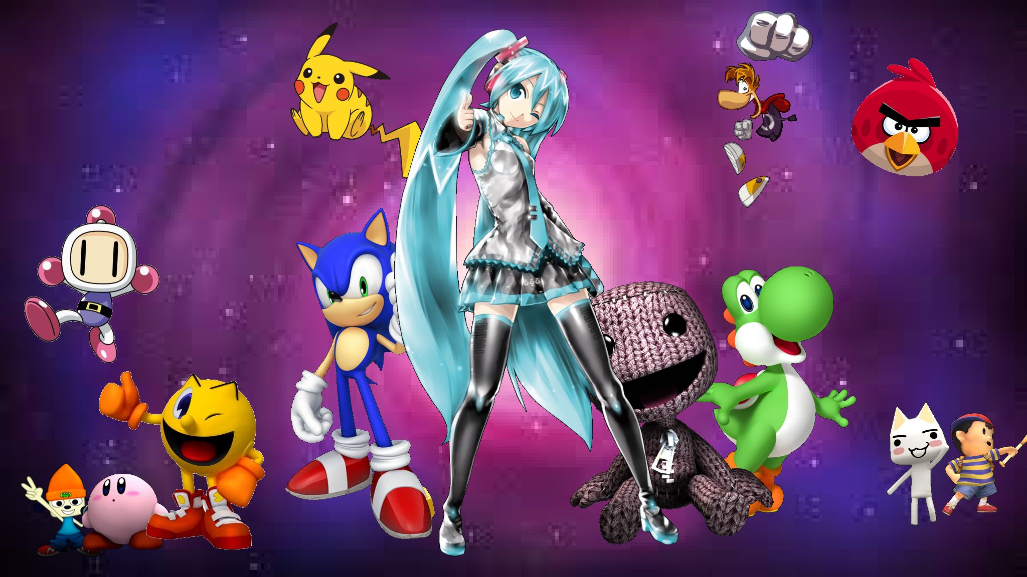 Download mobile wallpaper Collage, Pikachu, Hatsune Miku, Video Game, Sonic The Hedgehog, Kirby, Yoshi for free.