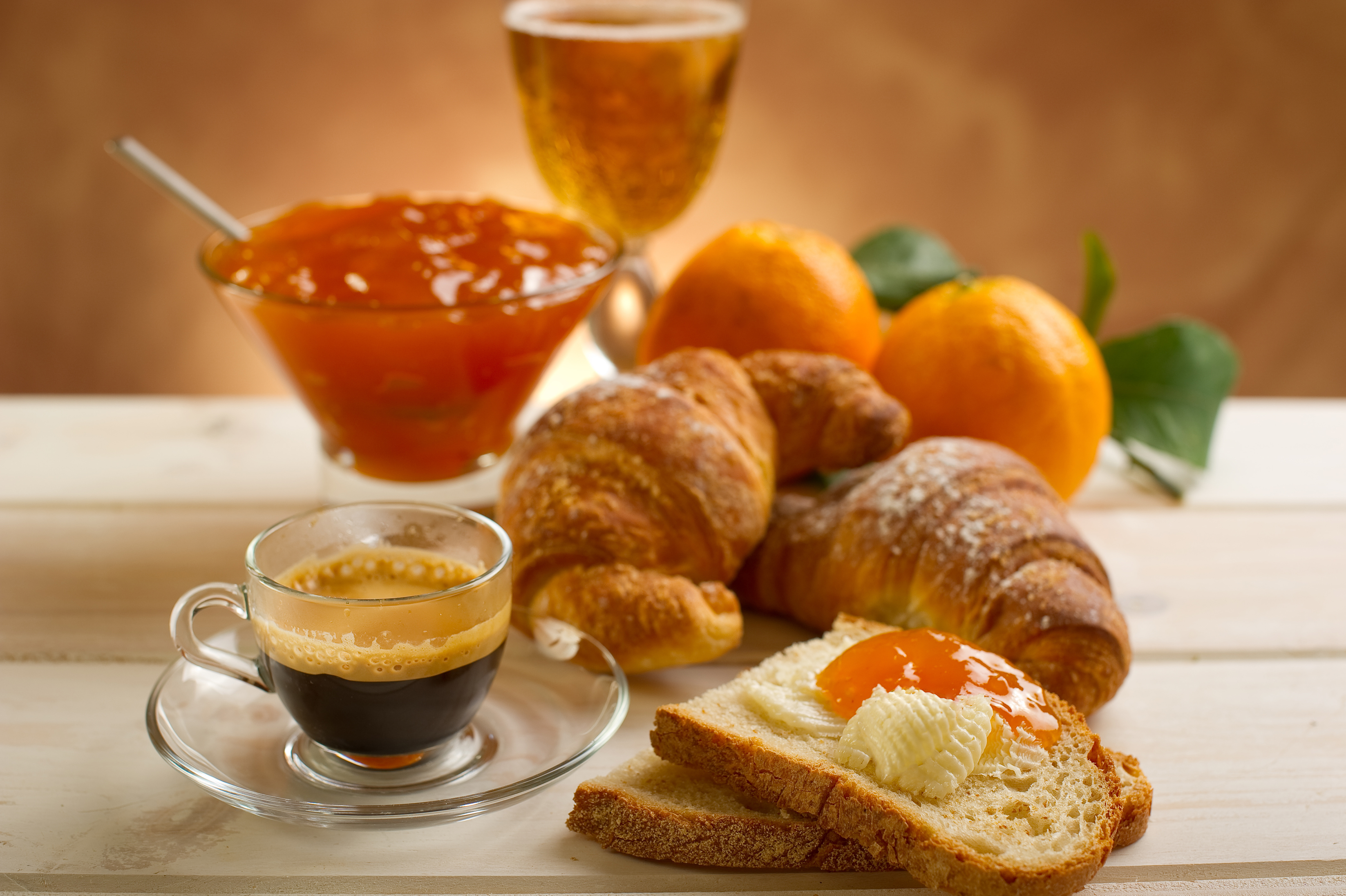 food, breakfast, bread, coffee, croissant, jam, orange (fruit)