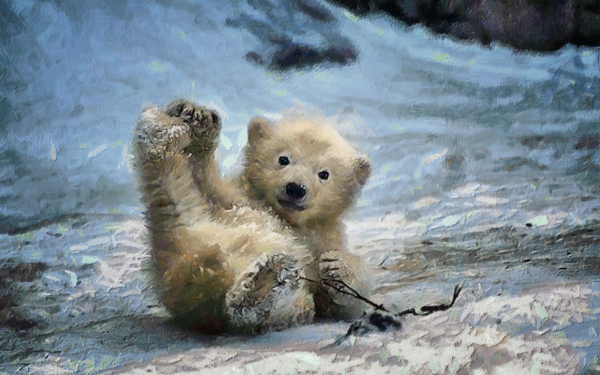 767573 скачать картинку детеныш, зима, художественные, картина, детеныш животного, белый медведь, снег - обои и заставки бесплатно