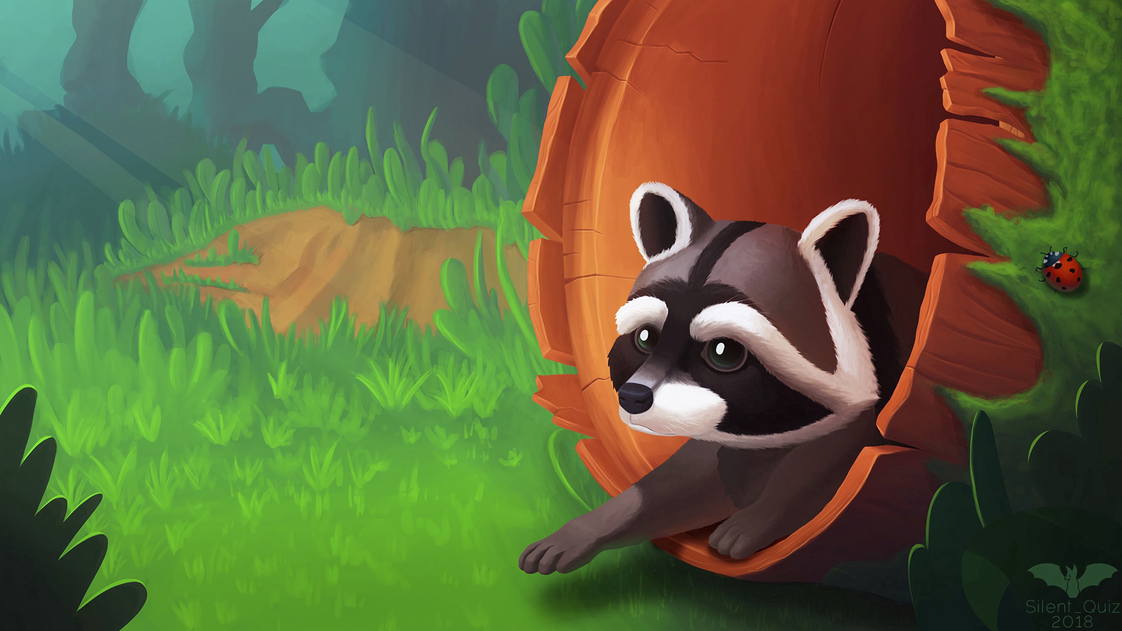 Download mobile wallpaper Wood, Grass, Tree, Raccoon, Art for free.
