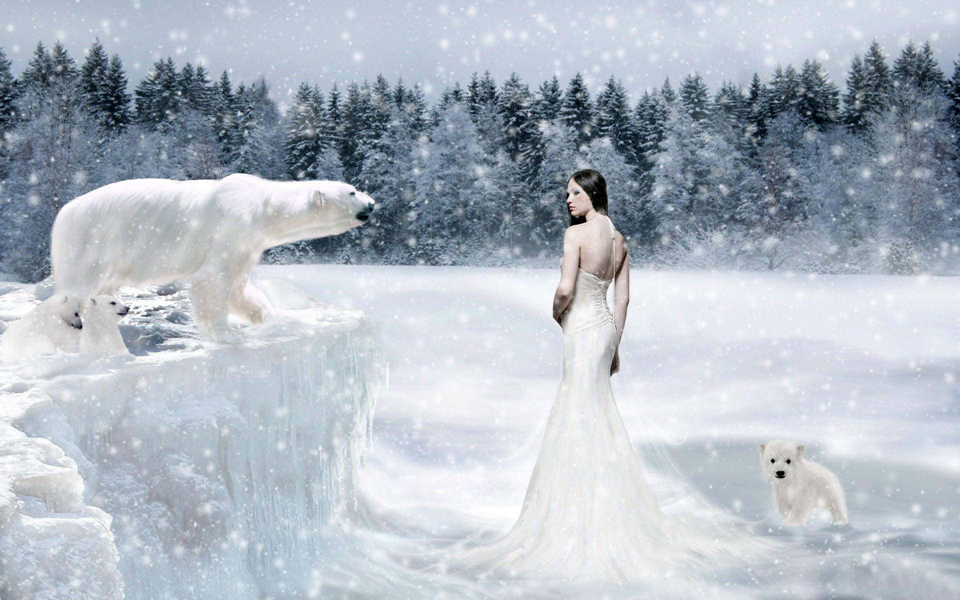 Download mobile wallpaper Fantasy, Snow, Bear, Polar Bear, Women for free.