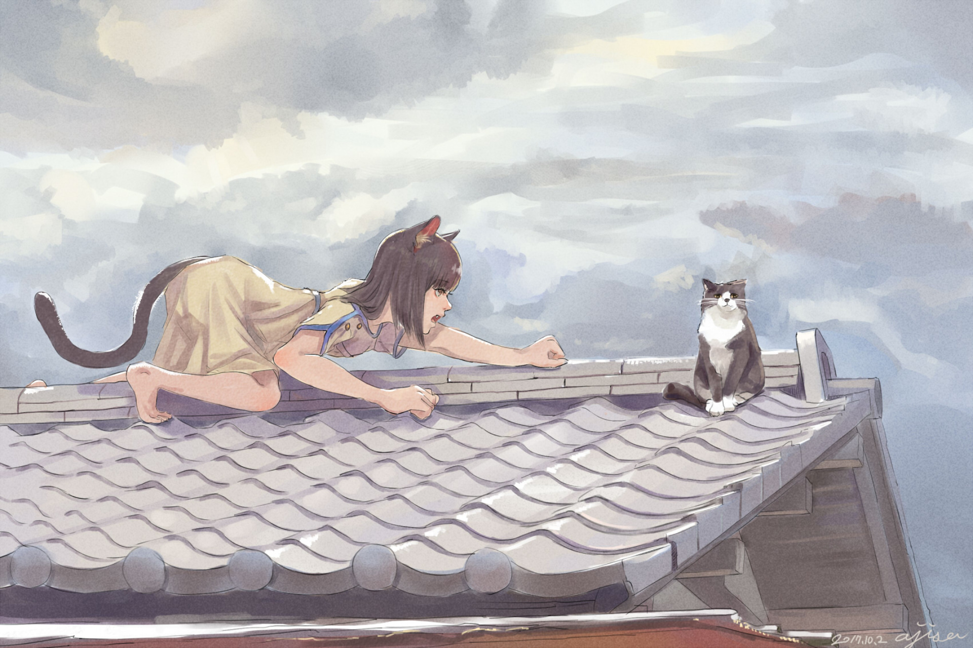 Девочка с котом на крыше
