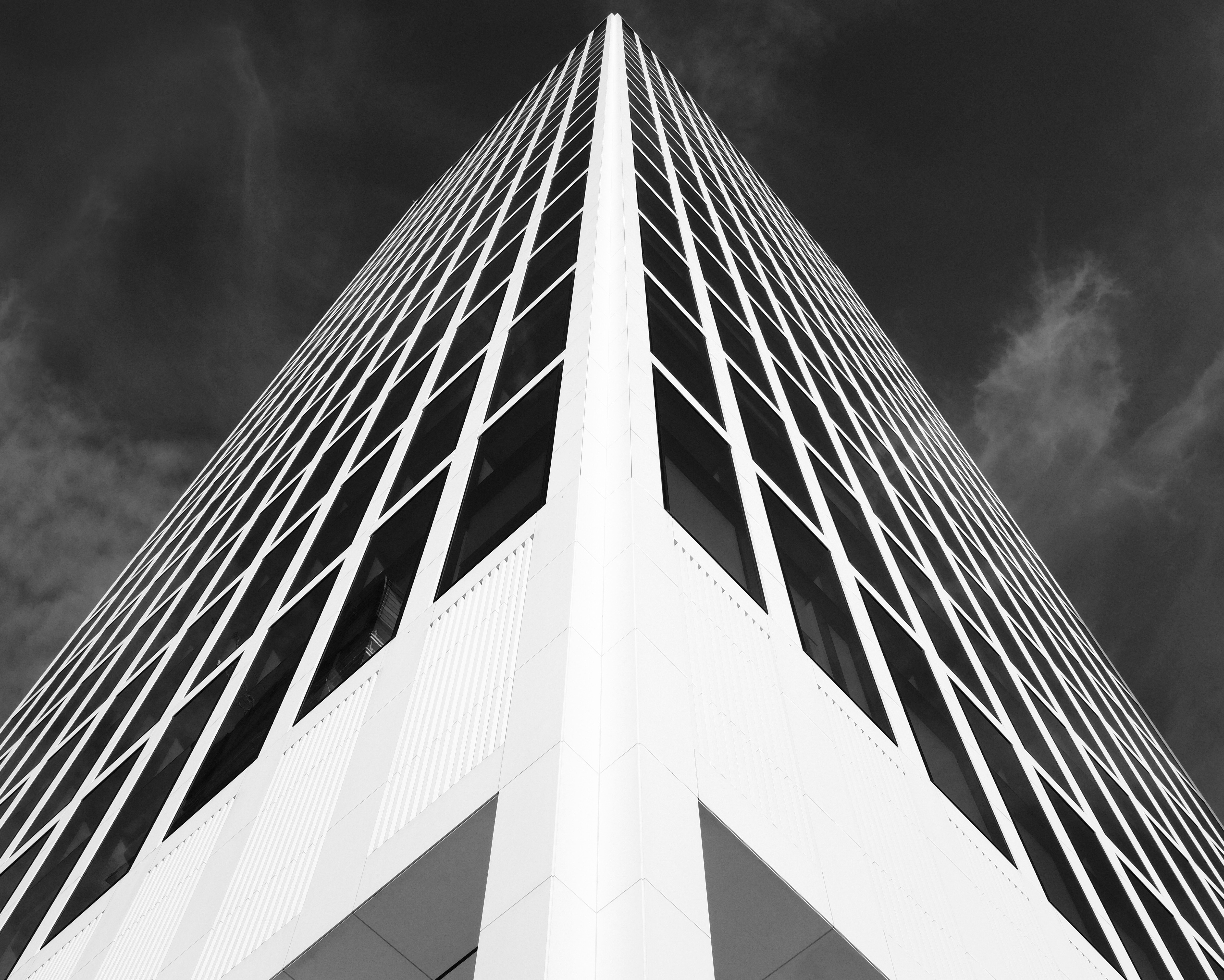 Download mobile wallpaper Chb, Building, Facade, Bw, Corner, Symmetry, Architecture, Angle, Minimalism for free.