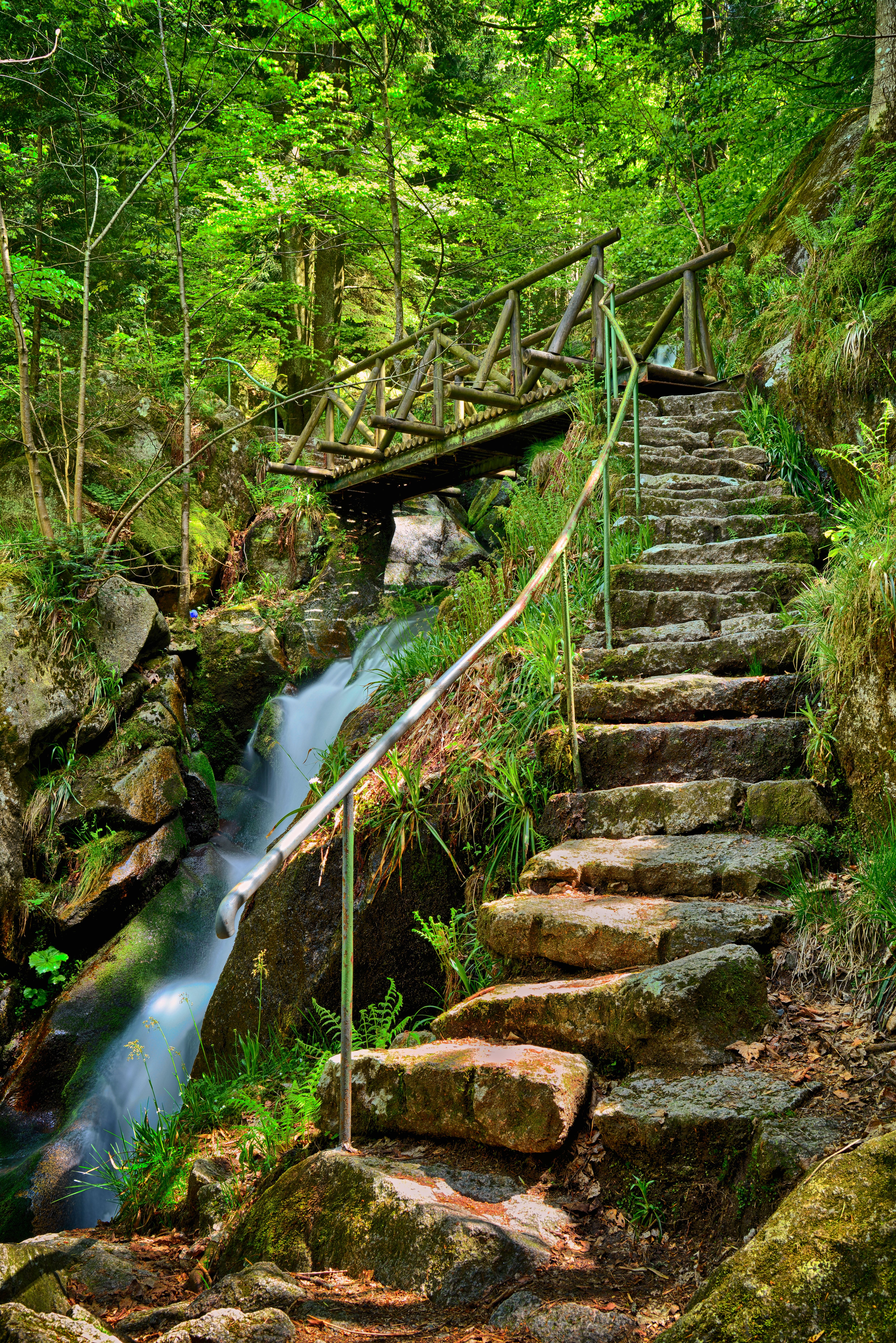 nature, bridge, waterfall, stones, steps, brook, creek