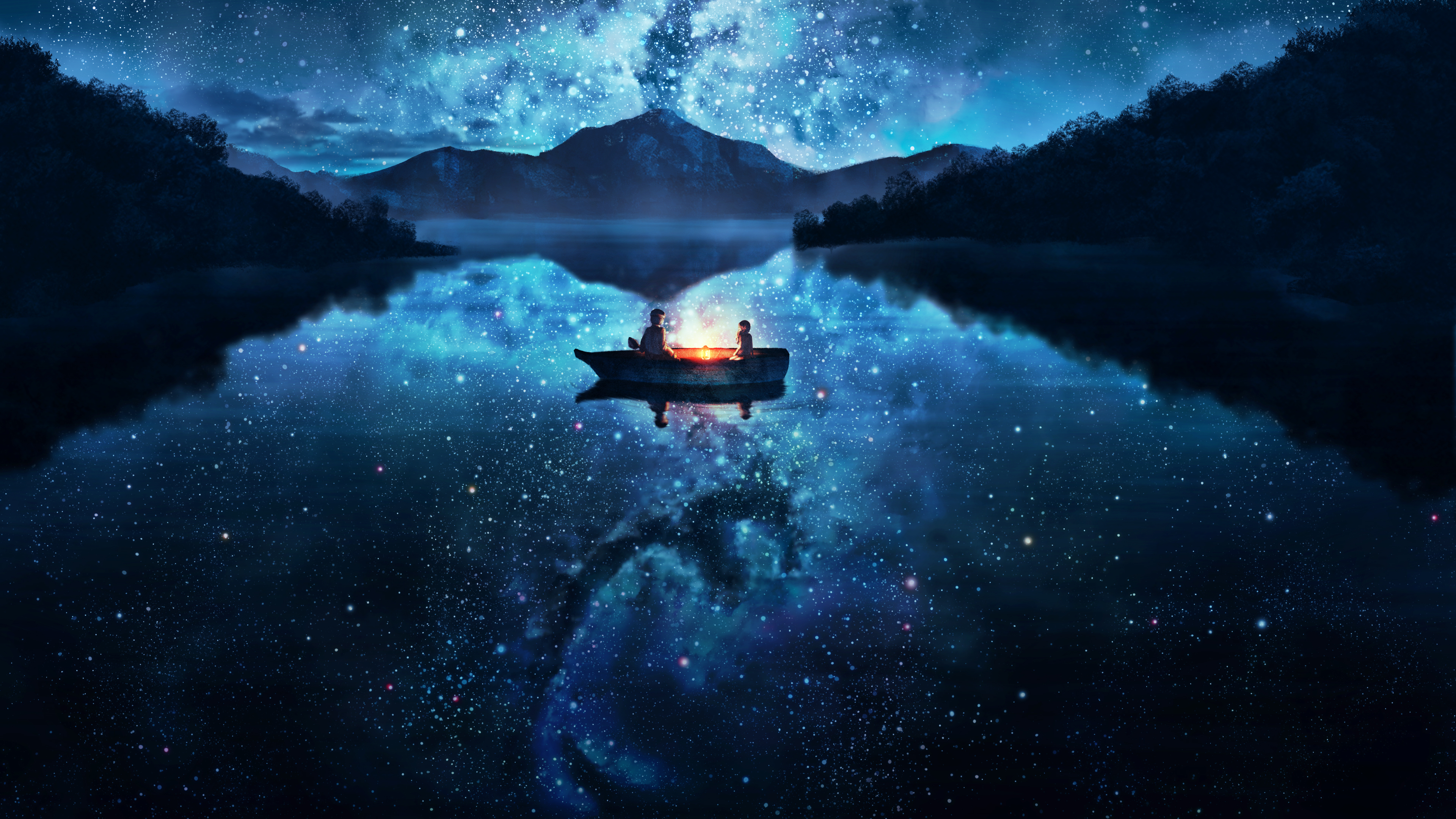 night, lake, anime, reflection, starry sky, boat, scenic 4K
