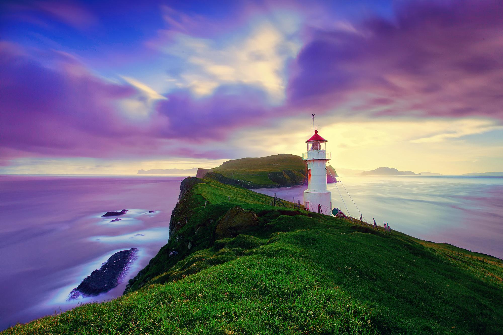 faroe islands, man made, lighthouse, cliff, cloud, horizon, ocean, purple