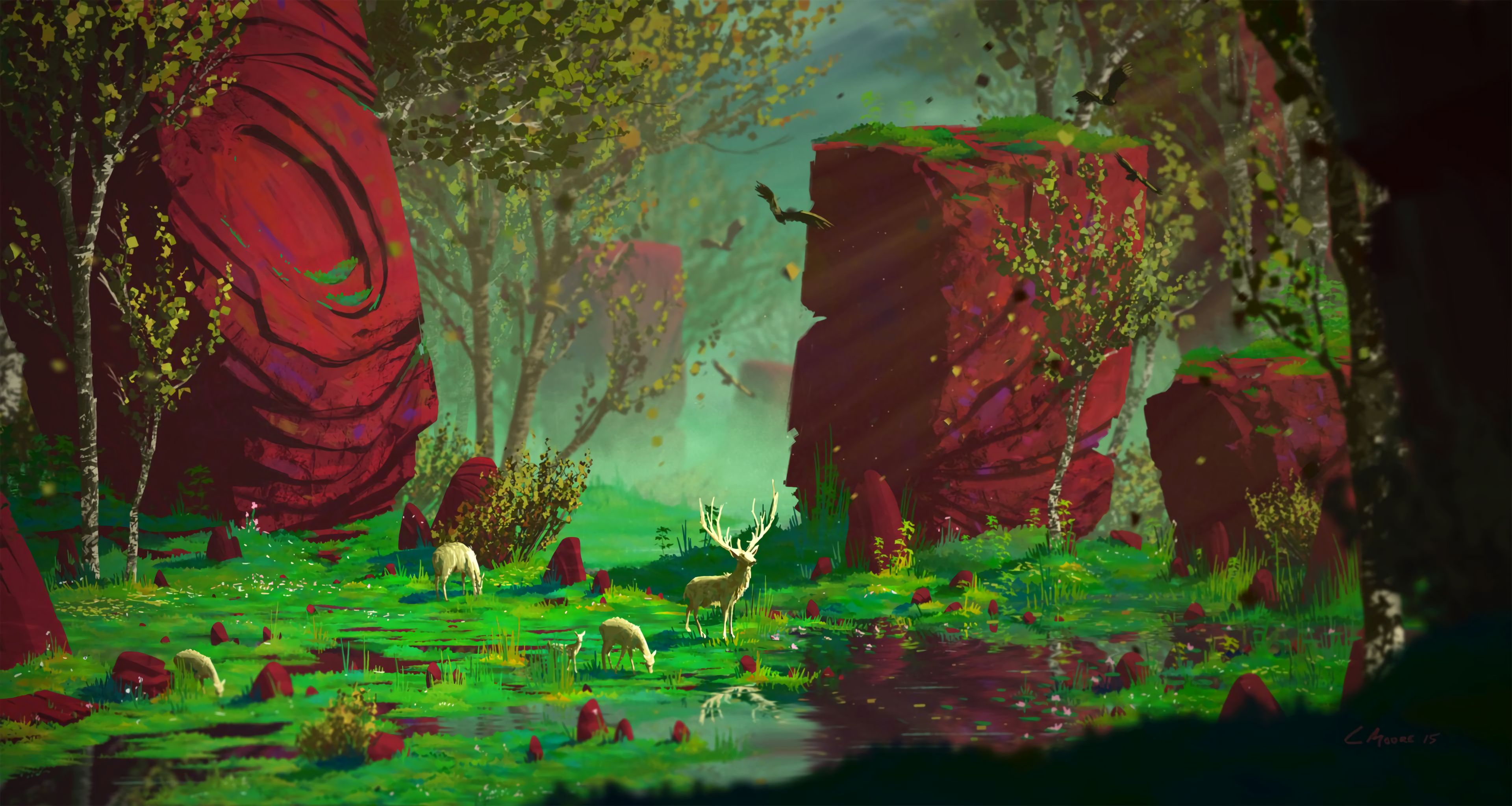 Free download wallpaper Deers, Rocks, Forest, Art on your PC desktop