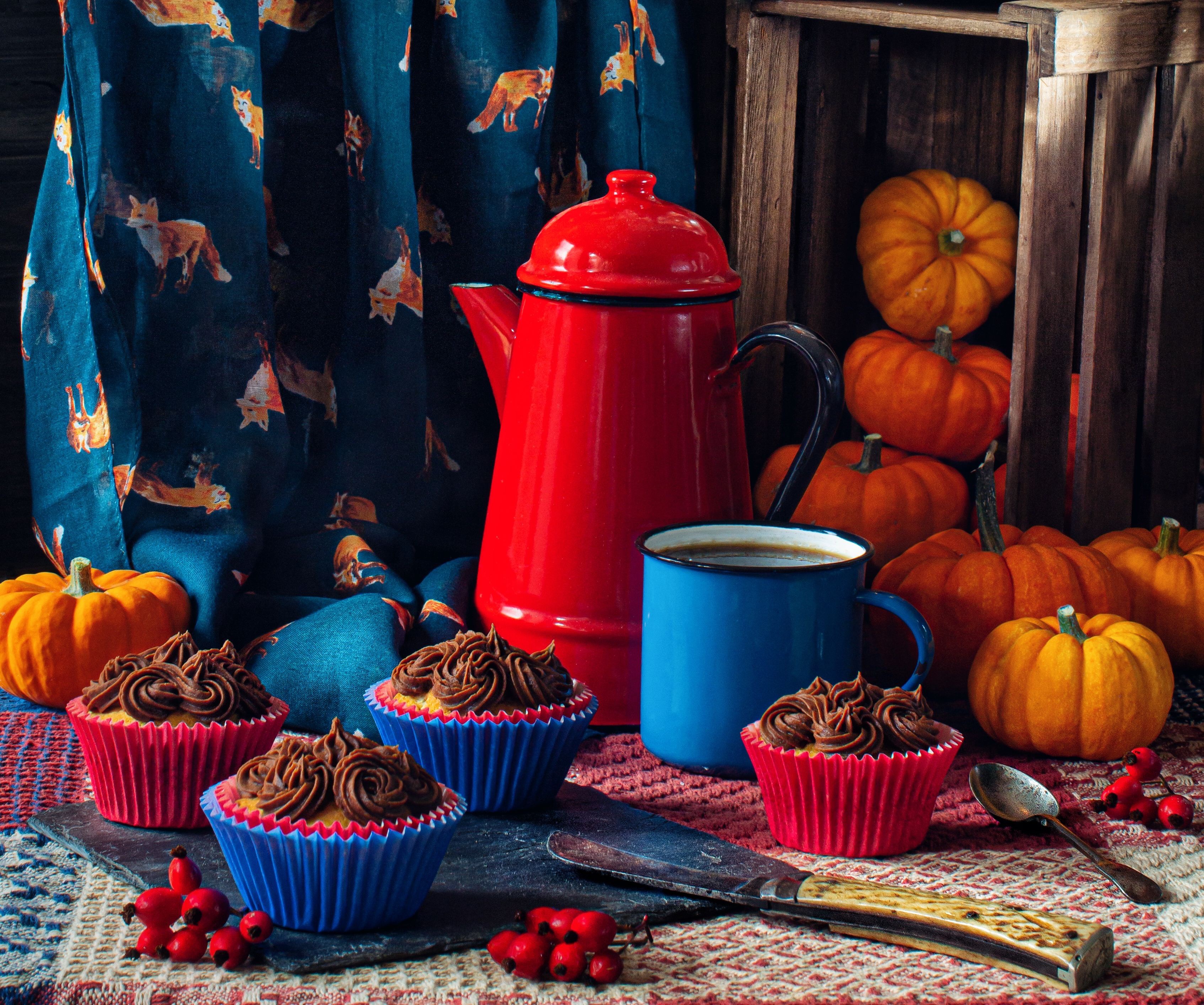 food, cupcake, kettle, pumpkin, still life Aesthetic wallpaper