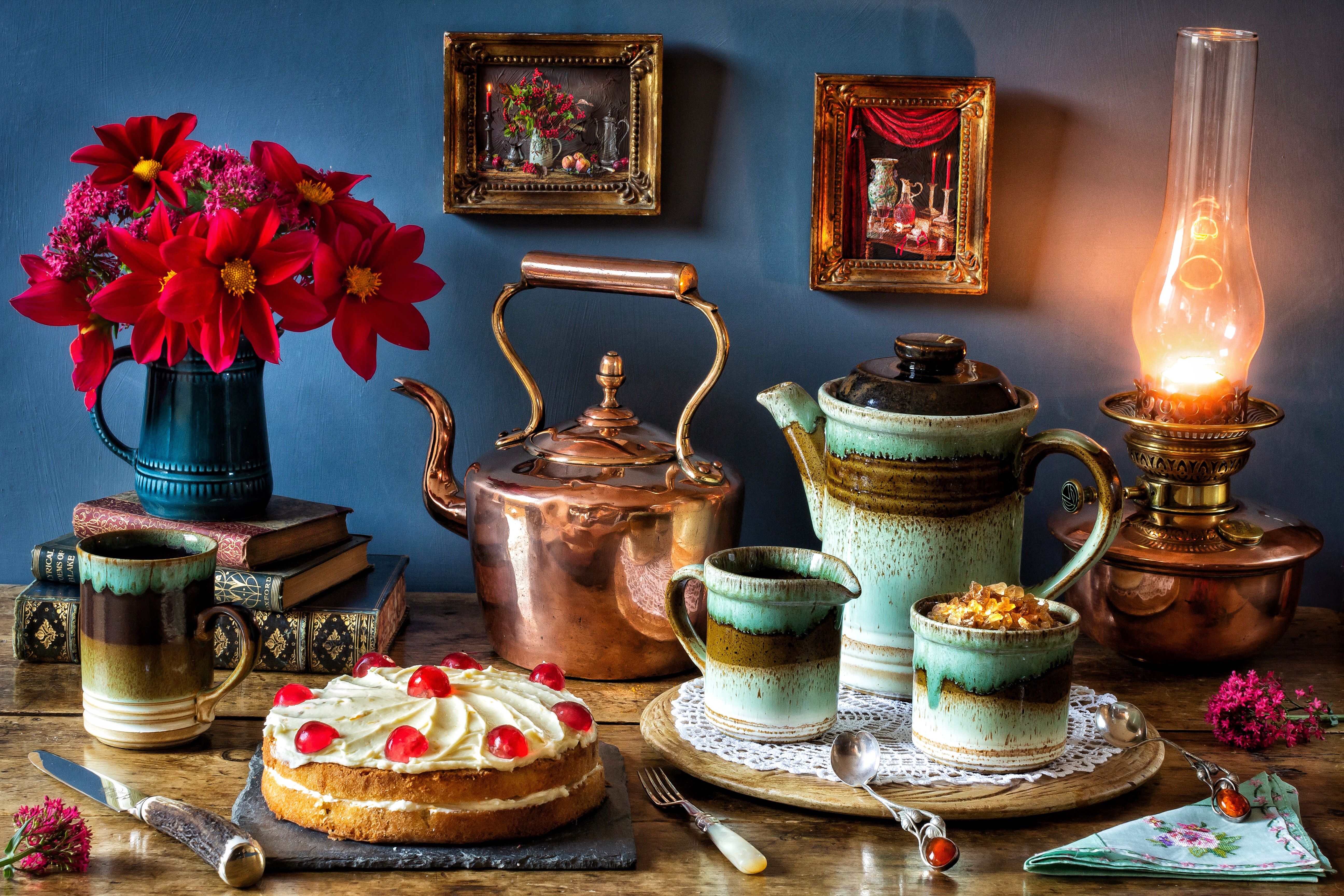 teapot, spoon, photography, still life, book, cake, flower, knife, lantern, painting