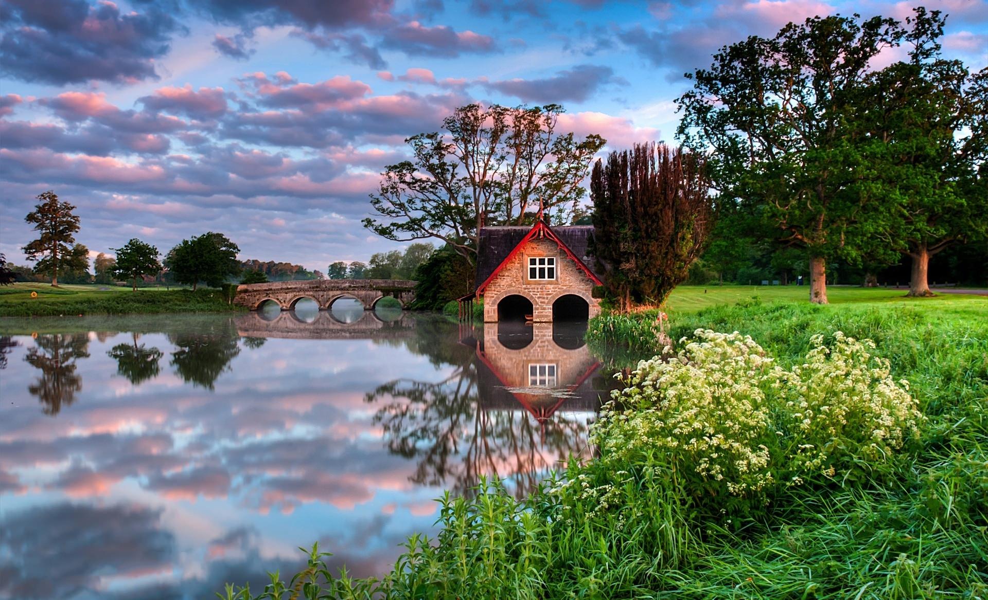 man made, boathouse, bridge, flower, house, lake, reflection, shed, tree