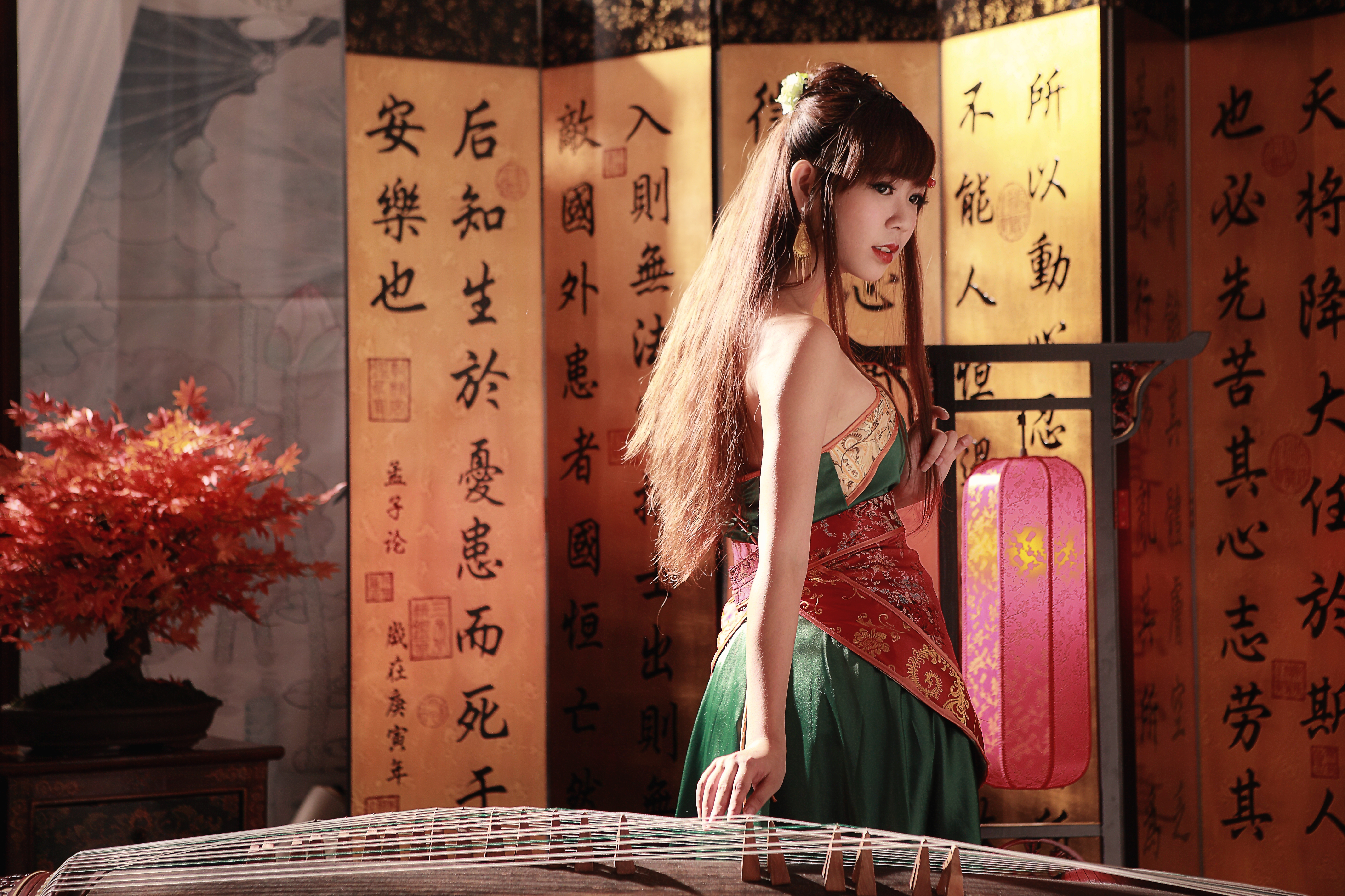 Free HD women, sà lín, asian, bonsai, instrument, national dress, taiwanese