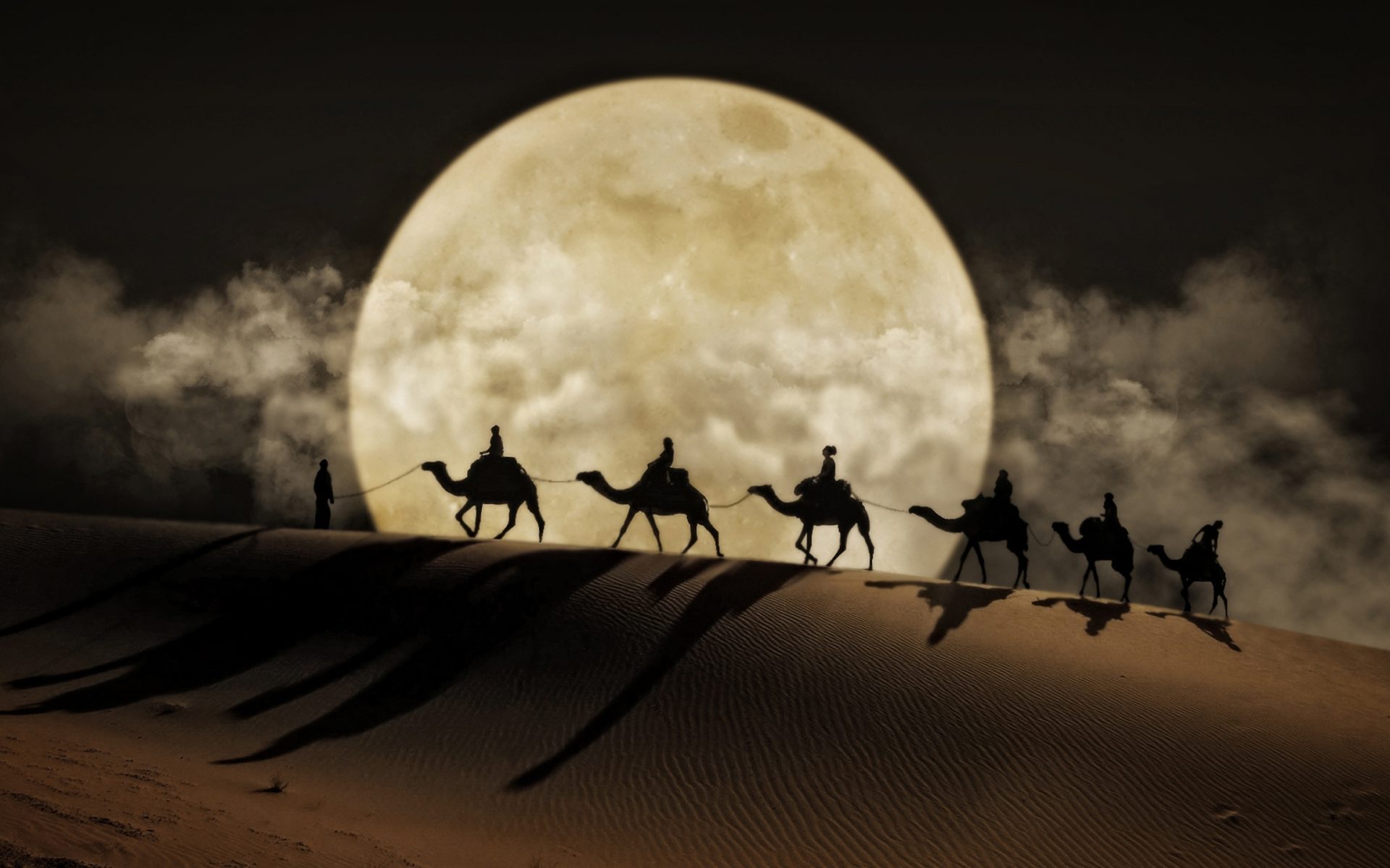 756249 скачать картинку силуэт, художественные, луна, верблюды, пустыня - обои и заставки бесплатно