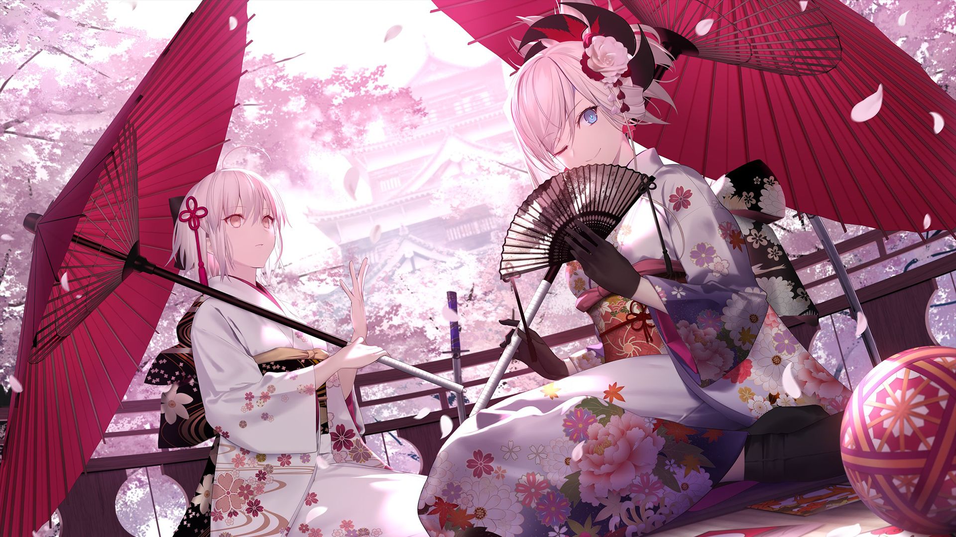 vertical wallpaper umbrella, okita souji, fate/grand order, miyamoto musashi, anime, blue eyes, cherry blossom, white hair, yukata, fate series