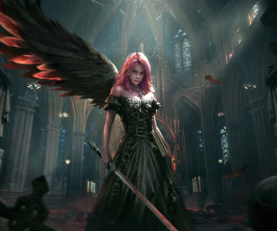 fantasy, angel warrior, pink hair, church, cathedral, sword, wings, angel, dark, fallen angel lock screen backgrounds