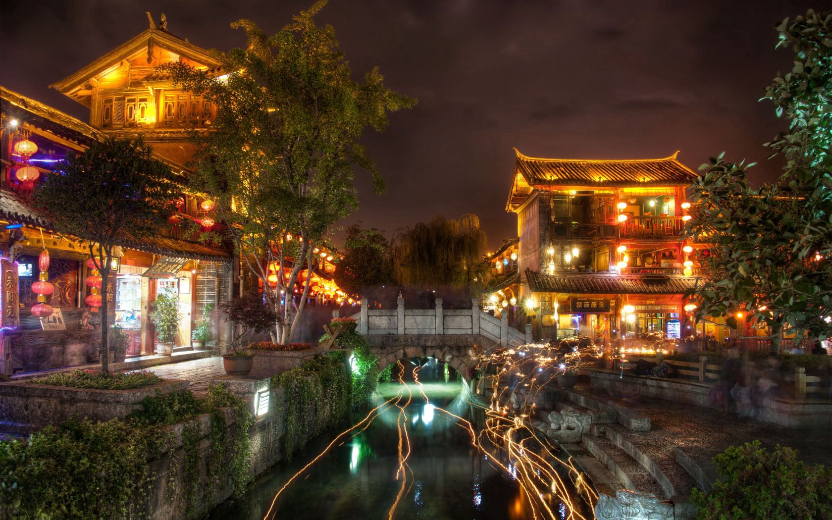 night, shine, landscape, cities, houses, light, ancient city, lijiang
