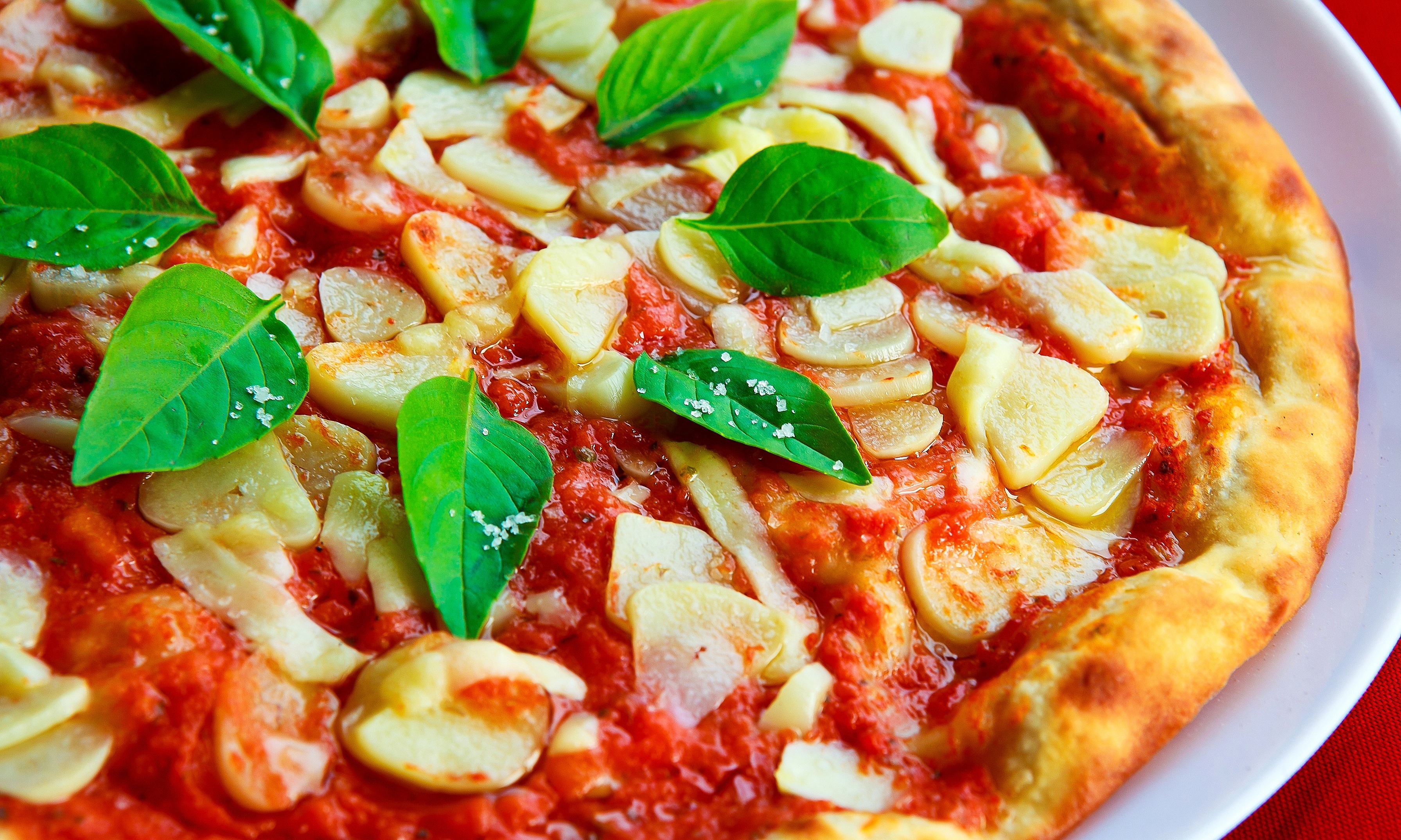 pizza, food, garlic, basil, sauce cell phone wallpapers