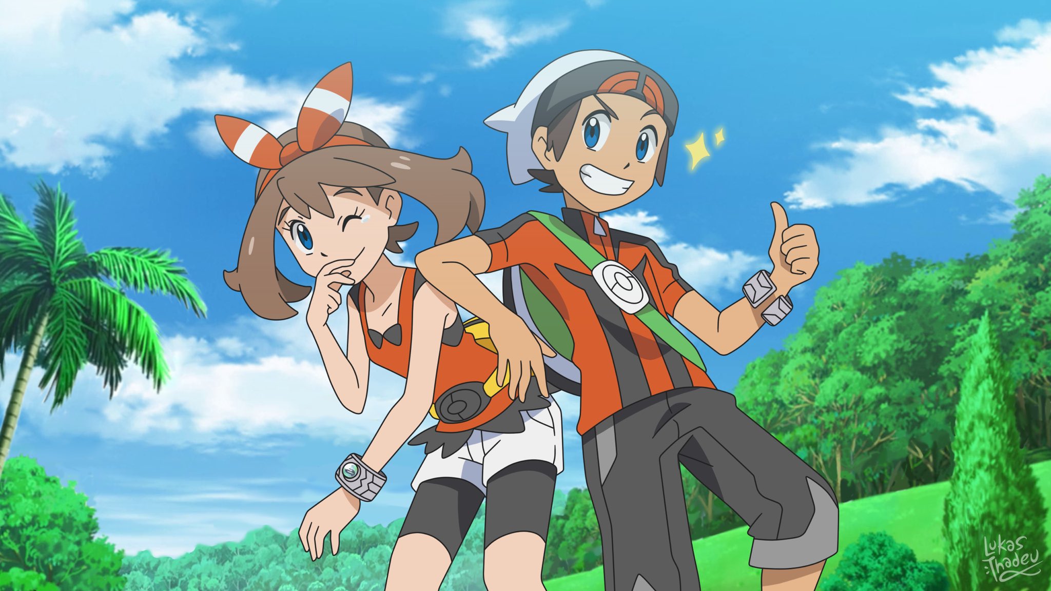 video game, pokémon: omega ruby and alpha sapphire, blue eyes, brendan (pokemon), brown hair, hat, may (pokémon), pokémon omega ruby and alpha sapphire, pokémon, smile