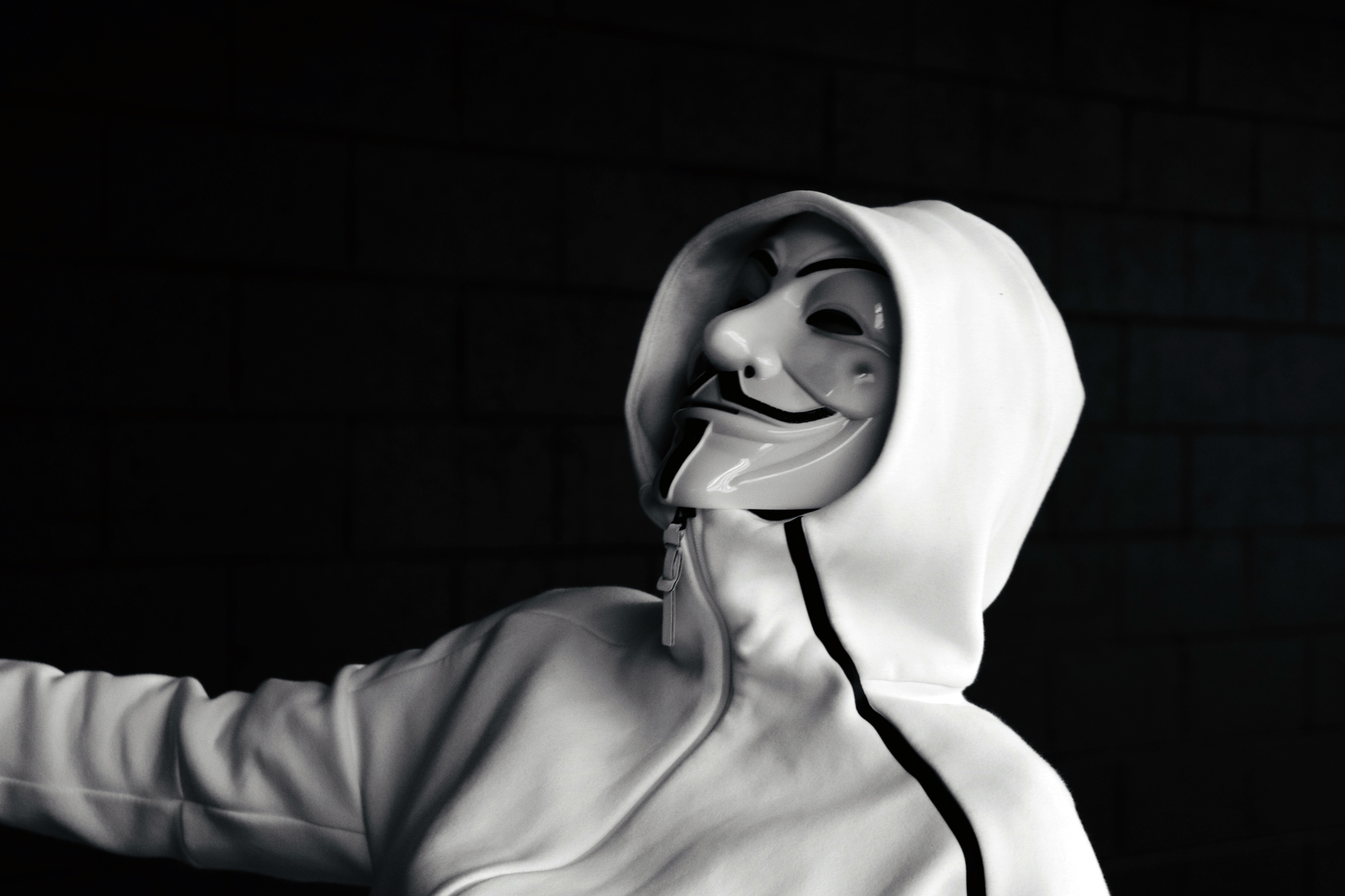 Download mobile wallpaper Chb, Miscellaneous, Bw, Miscellanea, Anonymous, Hood, Mask for free.