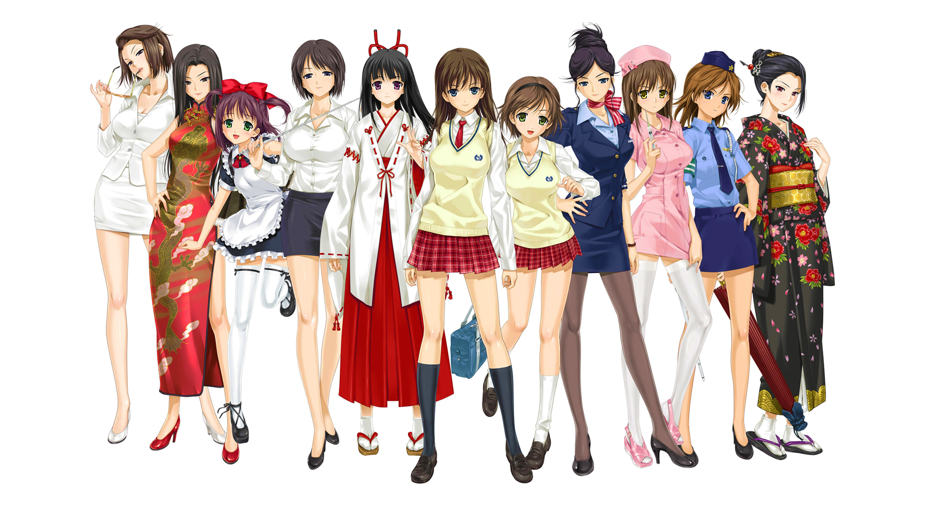 anime, original, glasses, japanese clothes, kimono, school uniform, shoe, thigh highs, uniform