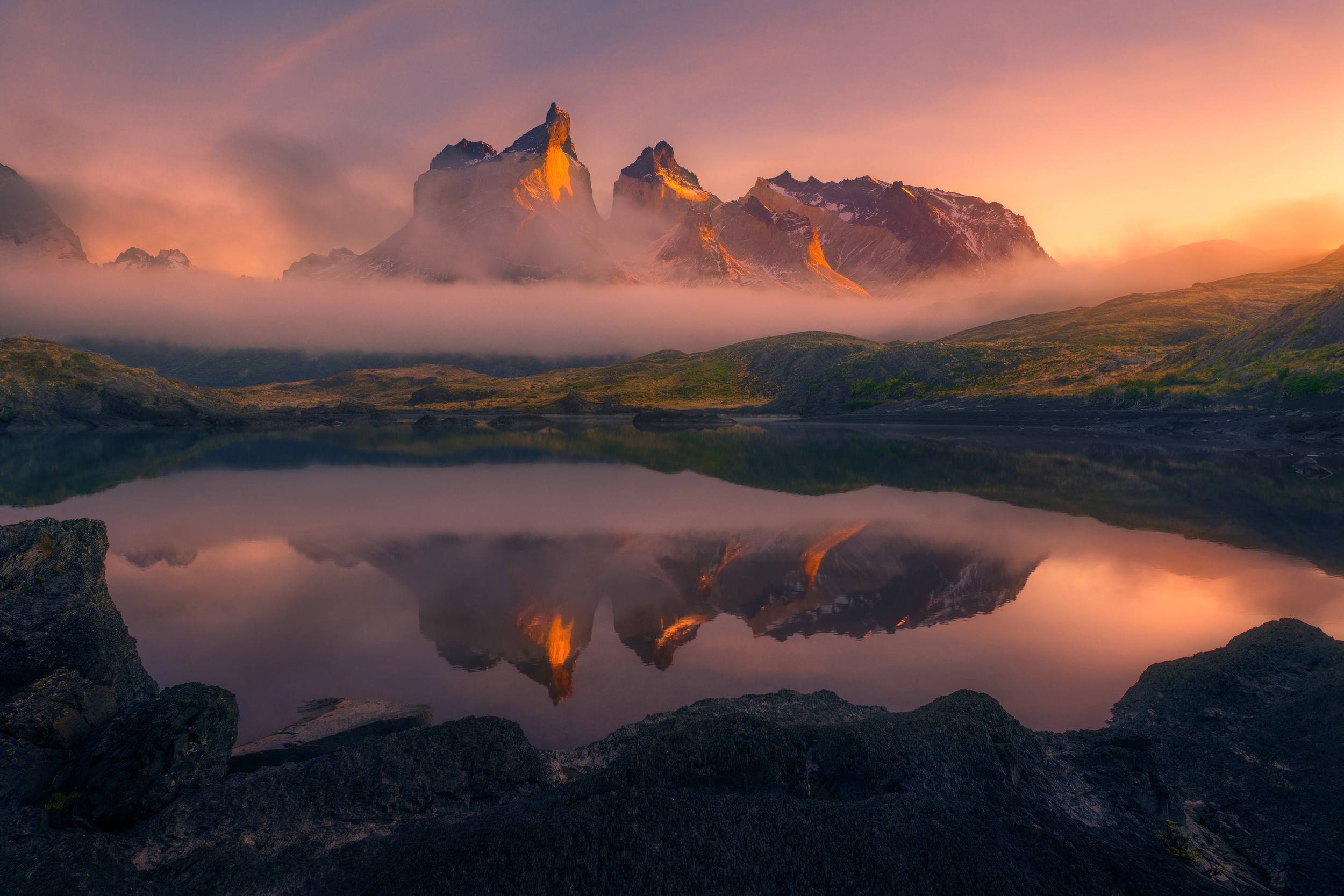 earth, reflection, andes, fog, lake, patagonia