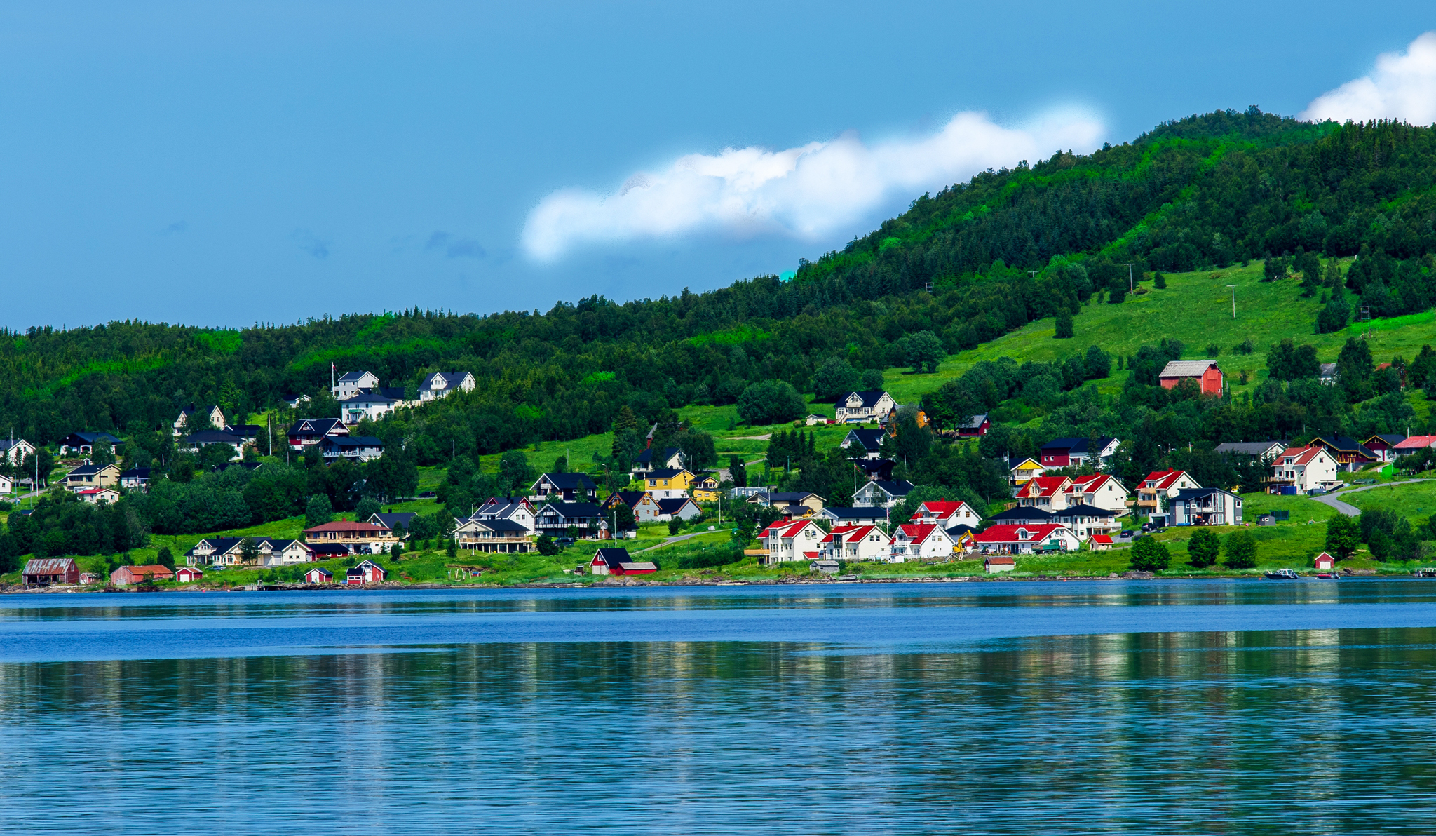 Скачать картинку Норвегия, Залив, Природа, Горы, Дома в телефон бесплатно.